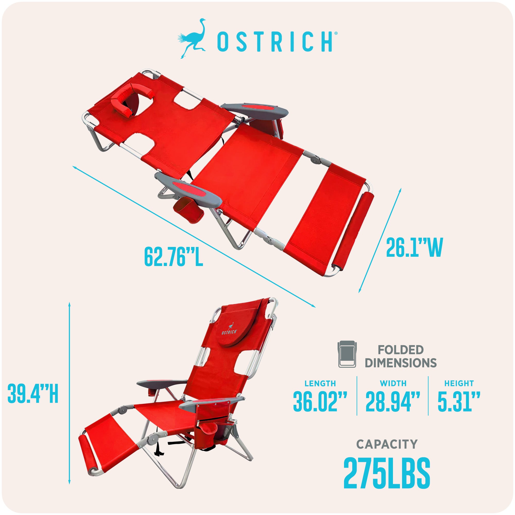 Ostrich The Backpack 3N1 Portable Chair Cooler Bag & Reclining Lounger, Red - VMInnovations