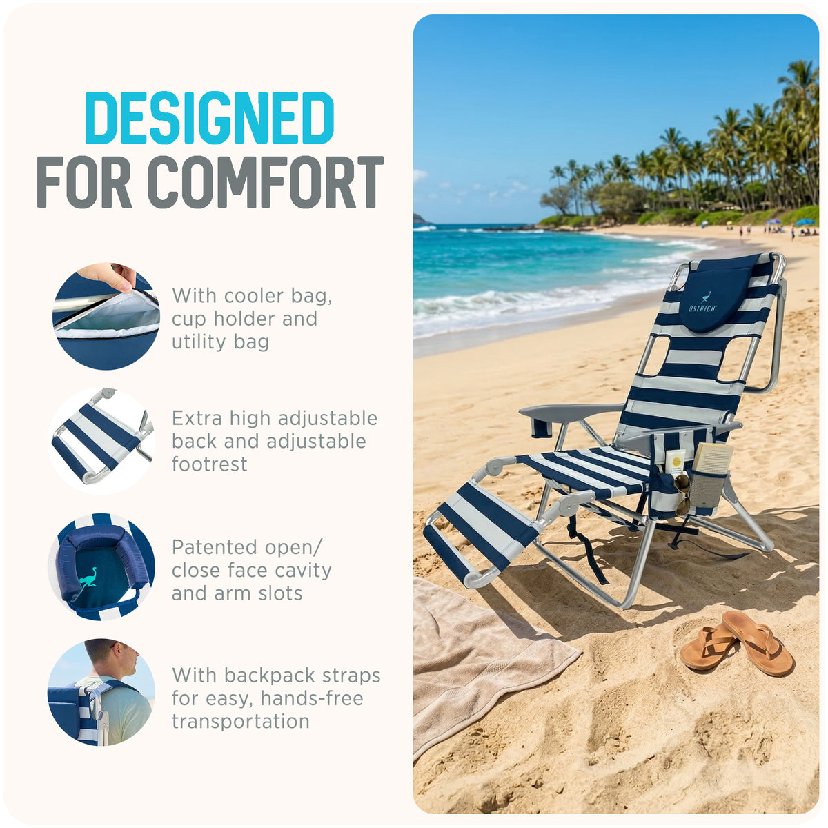 Ostrich The Backpack 3N1 Portable Chair Cooler Bag & Reclining Lounger, Stripe