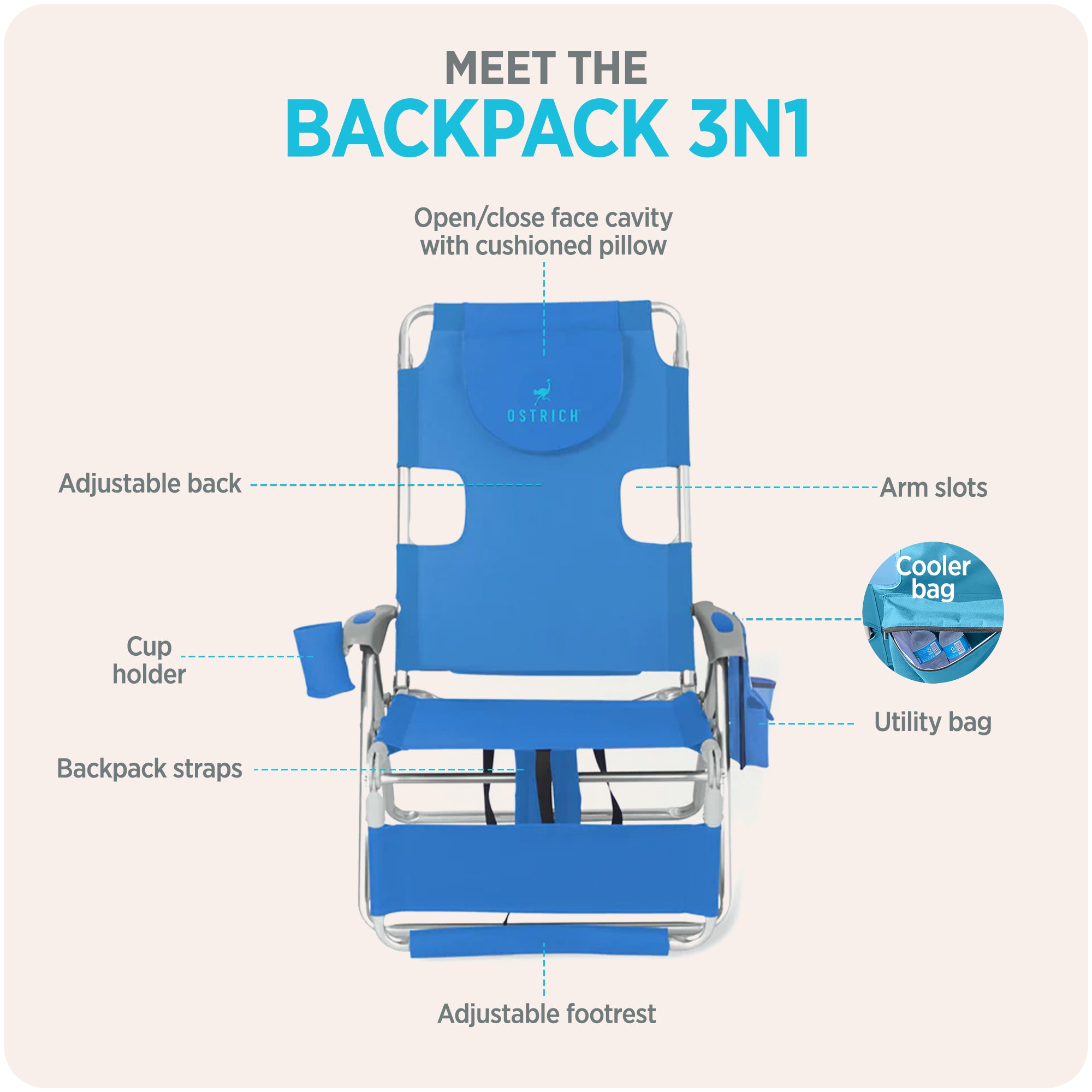 Ostrich The Backpack 3N1 Portable Chair Cooler Bag & Reclining Lounger, Stripe