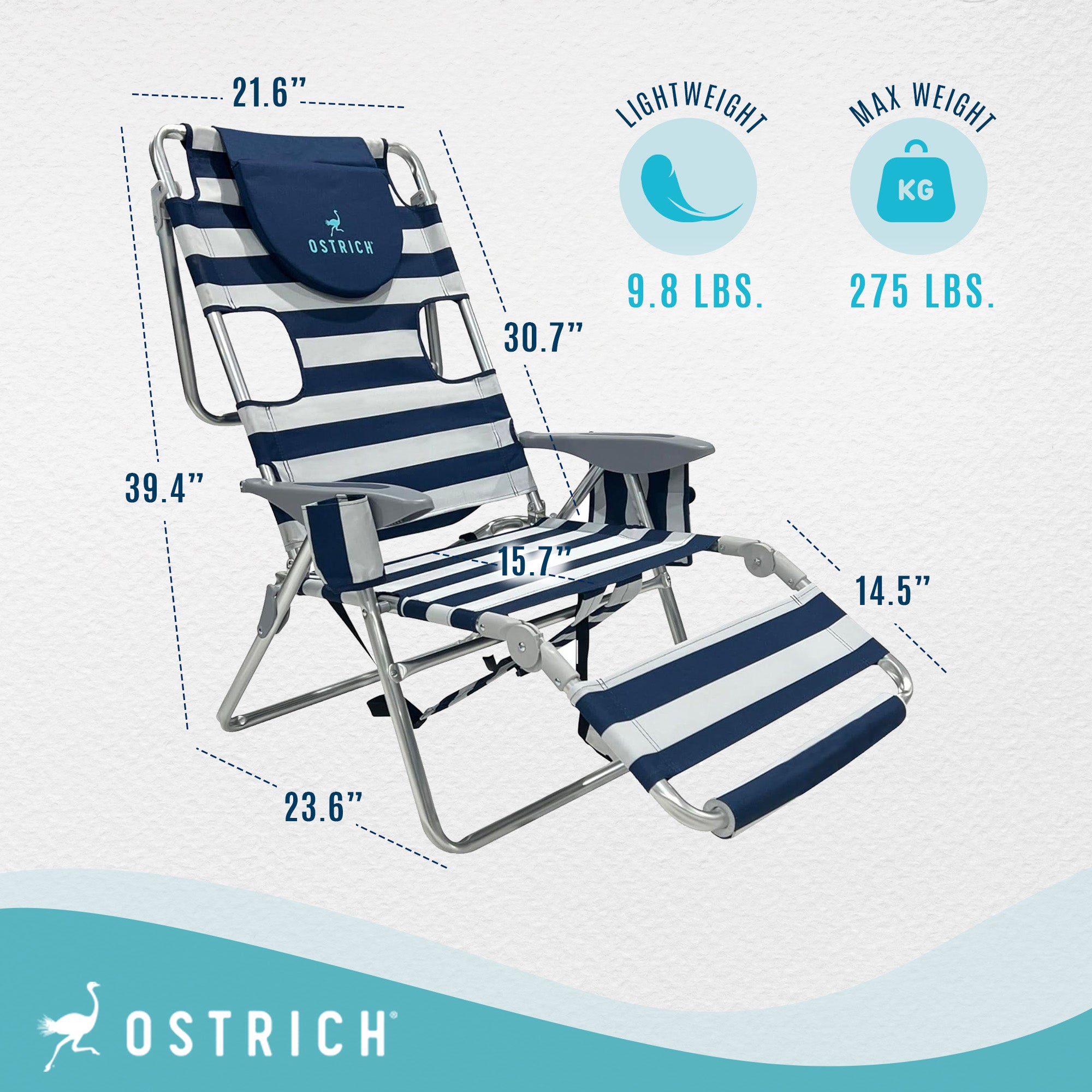 Deltess Ostrich 3 In 1 Portable Reclining Lounger, Blue/White (Open Box) - VMInnovations