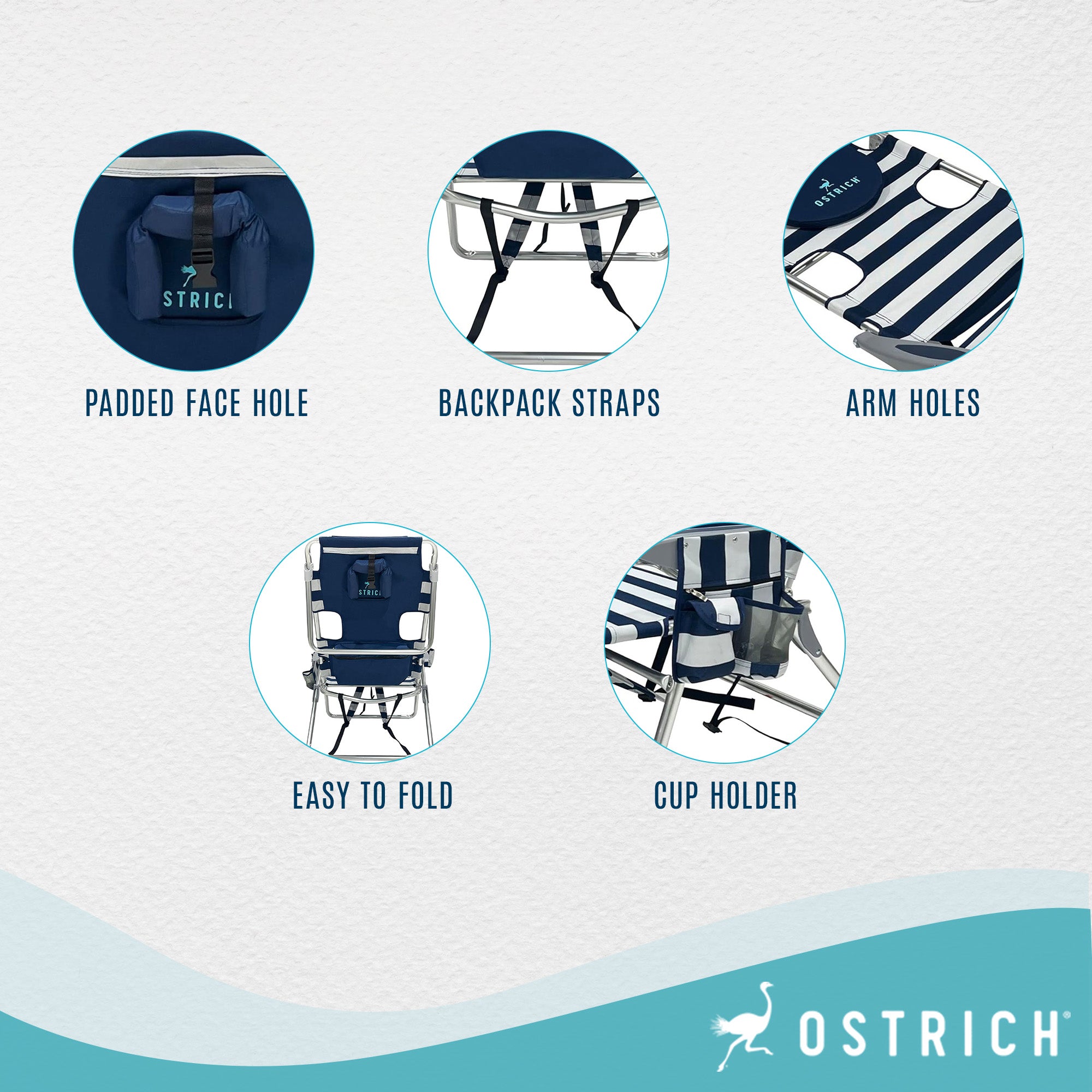 Deltess Ostrich 3 In 1 Portable Reclining Lounger, Blue/White (Open Box) - VMInnovations