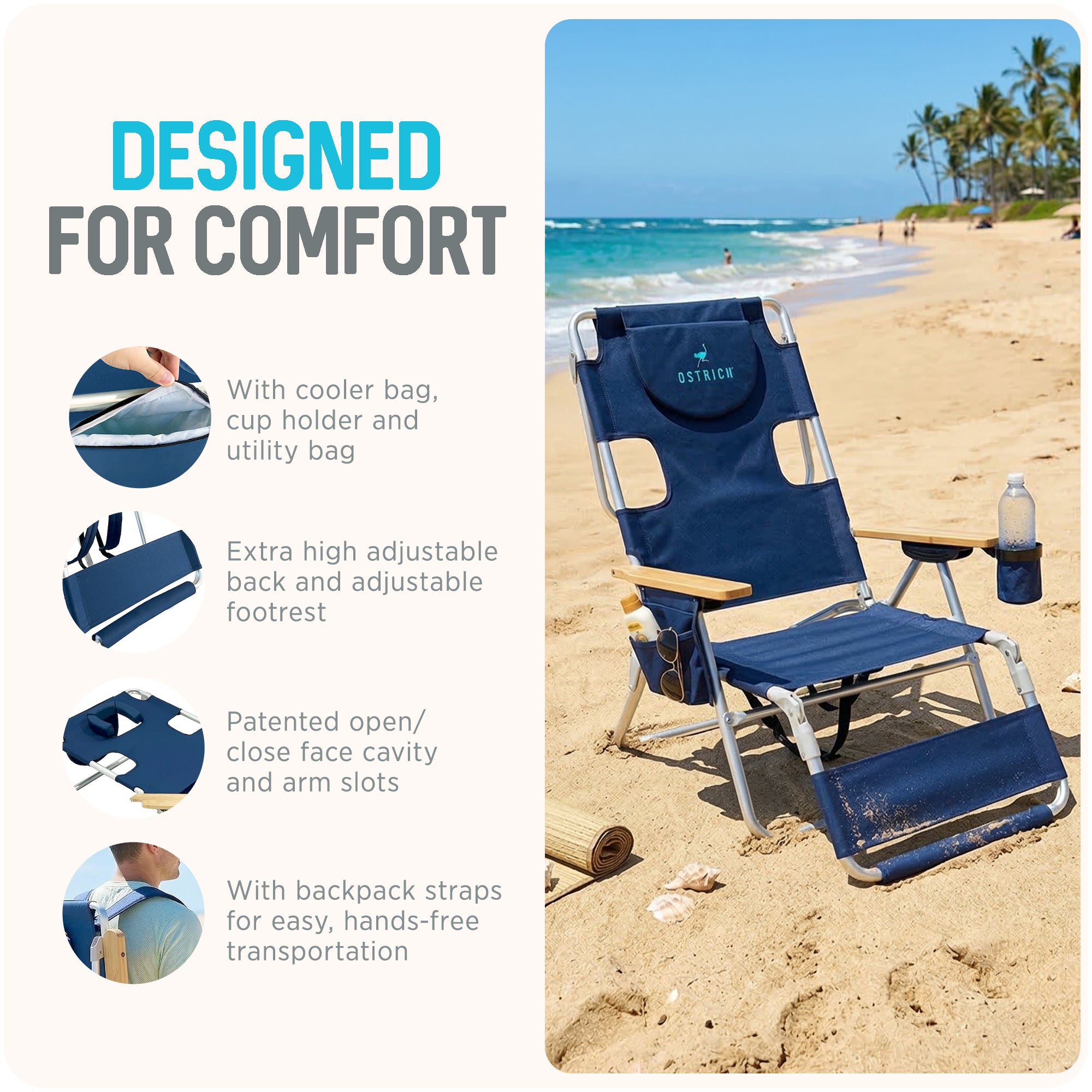 Deltess Ostrich 3 In 1 Portable Reclining Lounger, Navy Blue (Open Box) - VMInnovations