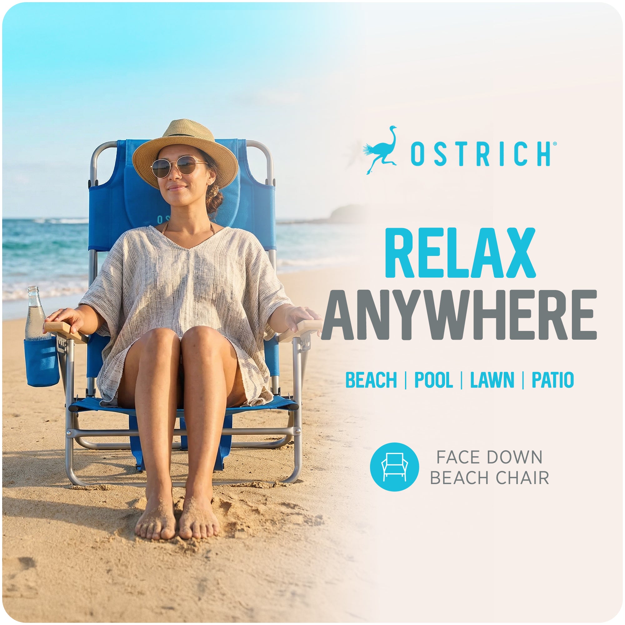 Ostrich The Tommy-O Backpacker Beach Chair with Face Hole & Cup Holder, Blue
