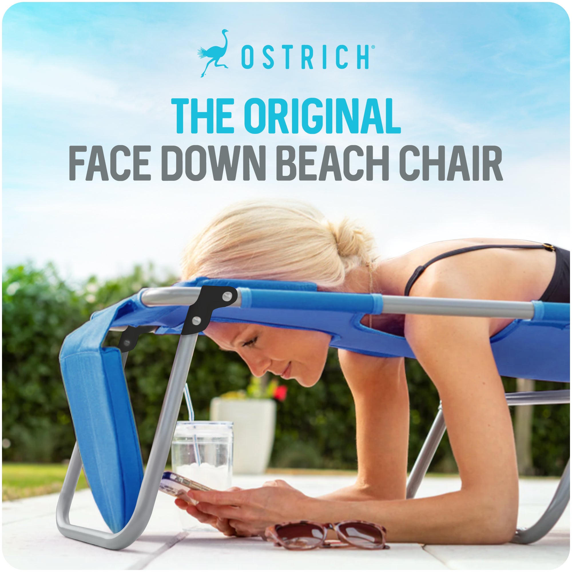 Ostrich The Tommy-O Backpacker Beach Chair with Face Hole & Cup Holder, Blue