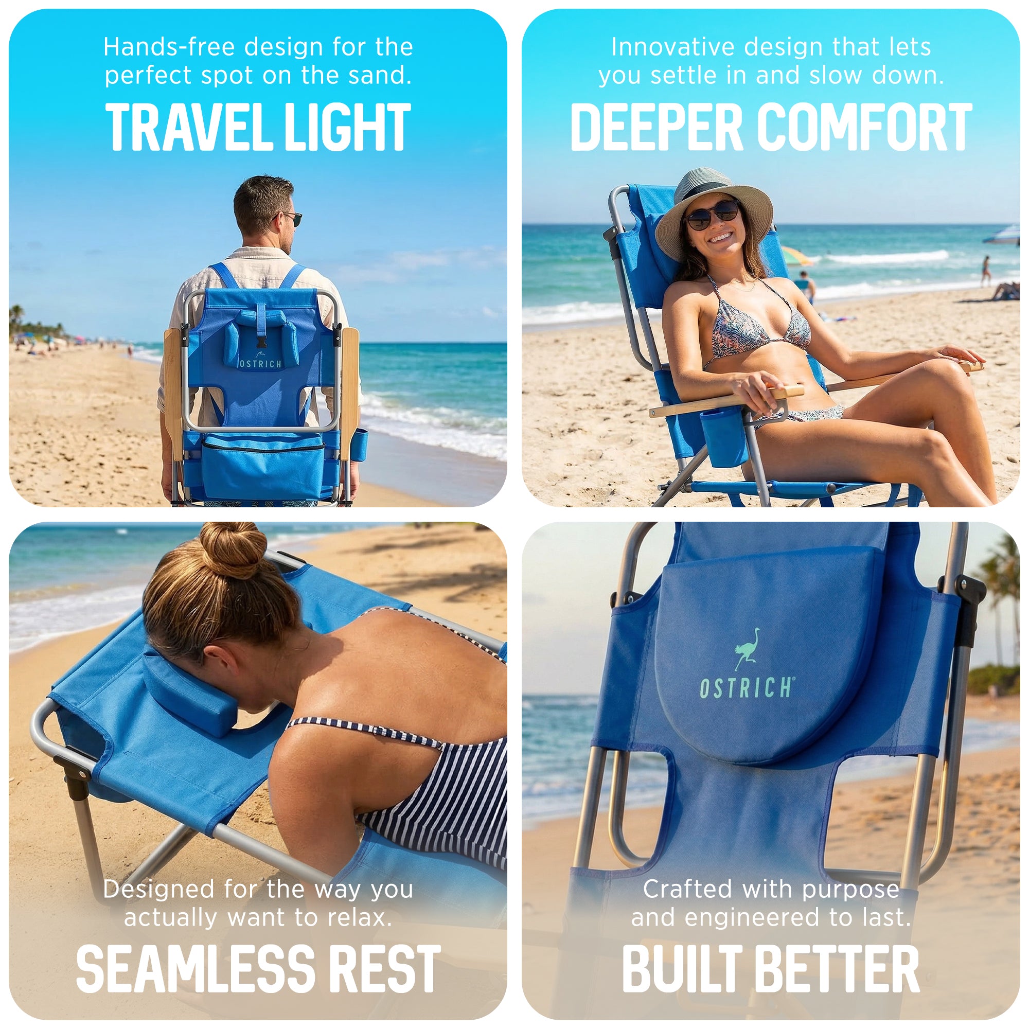 Ostrich Midsize Face Down Backpack Beach Chair with Face Hole, Blue (Open Box)