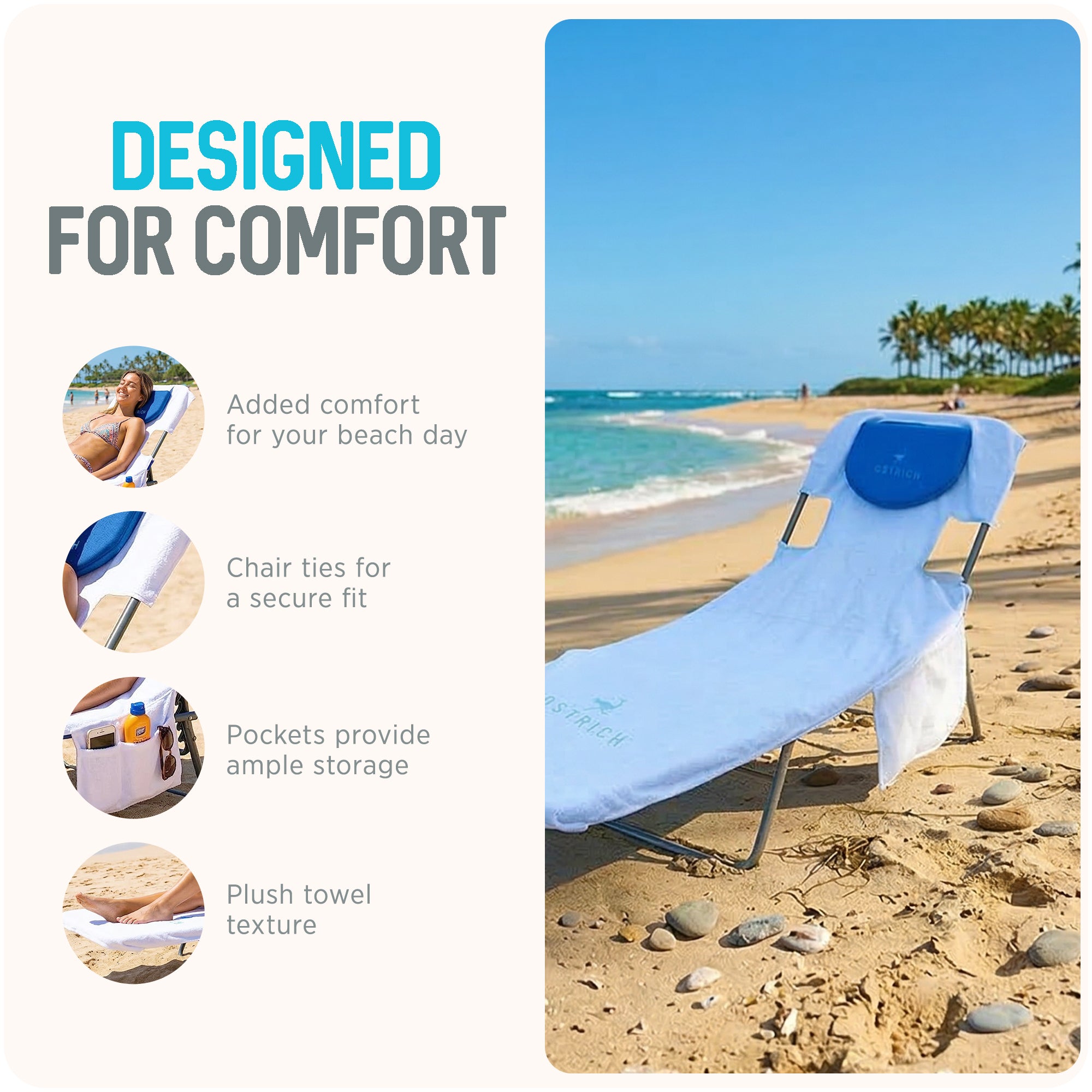 Ostrich The Ladies Comfort Lounger Foldable Beach Chair and Custom Fitted Towel