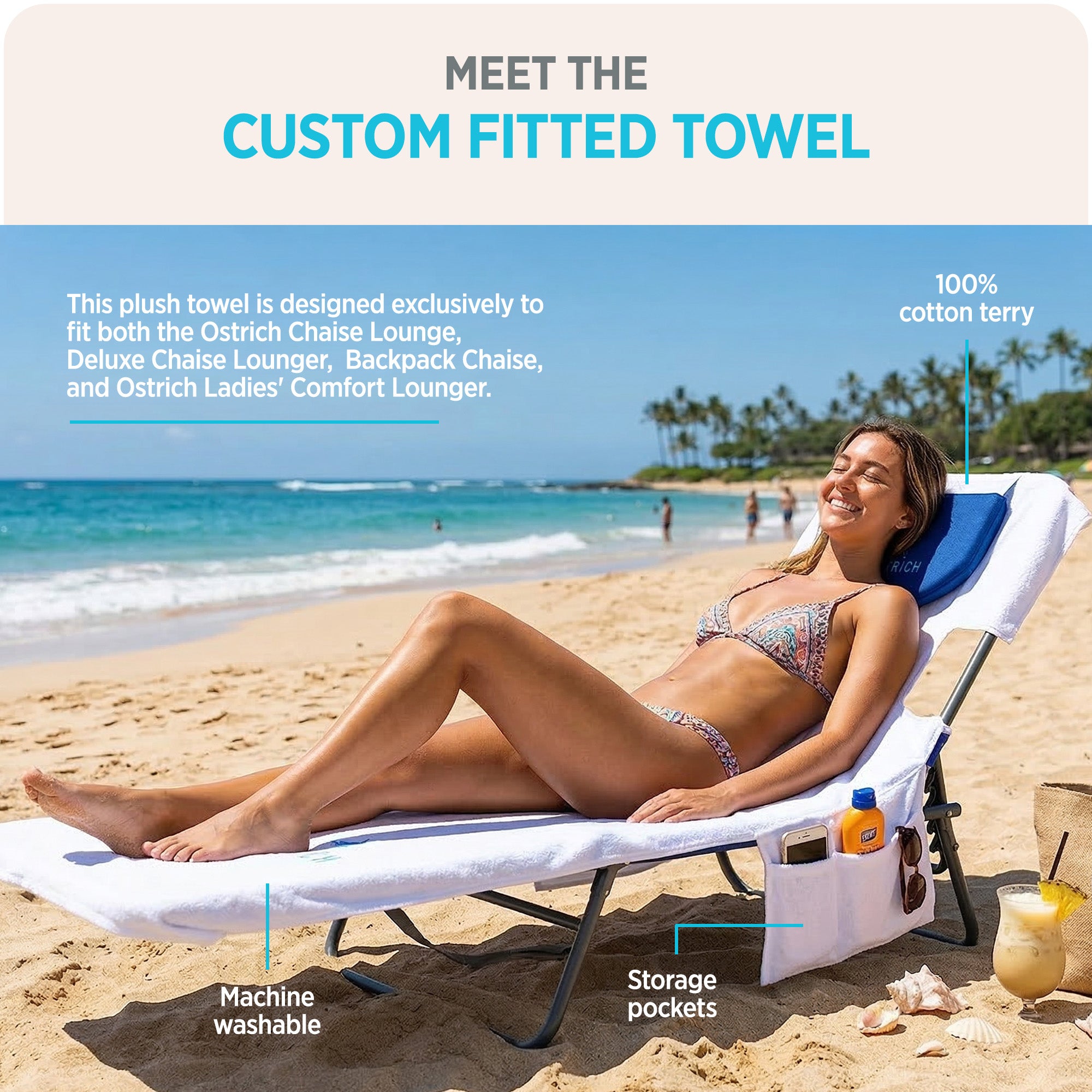 Ostrich The Ladies Comfort Lounger Foldable Beach Chair and Custom Fitted Towel