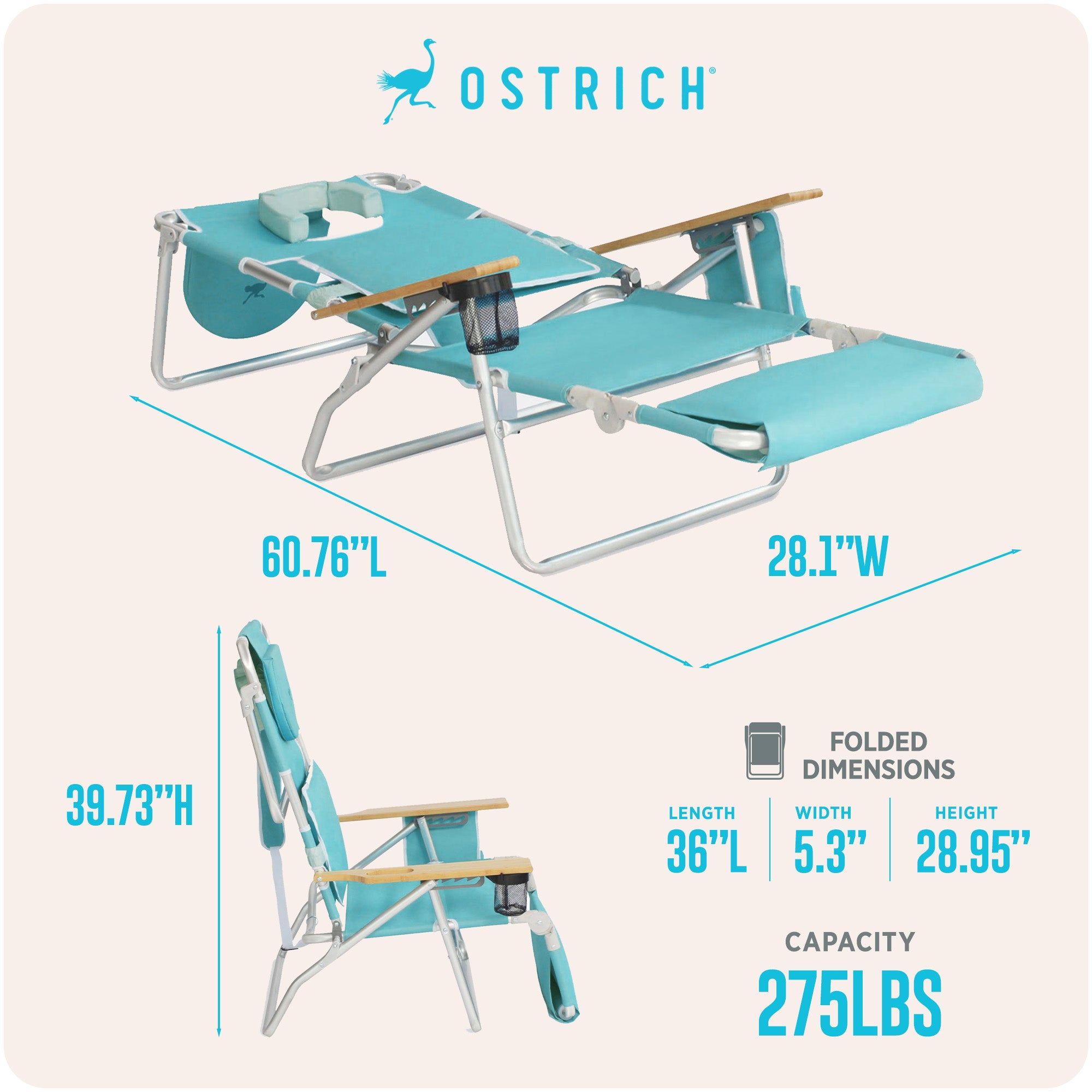 Ostrich Deluxe 3N1 Lightweight Outdoor Lawn Beach Lounge Chair w/Footrest (Used)