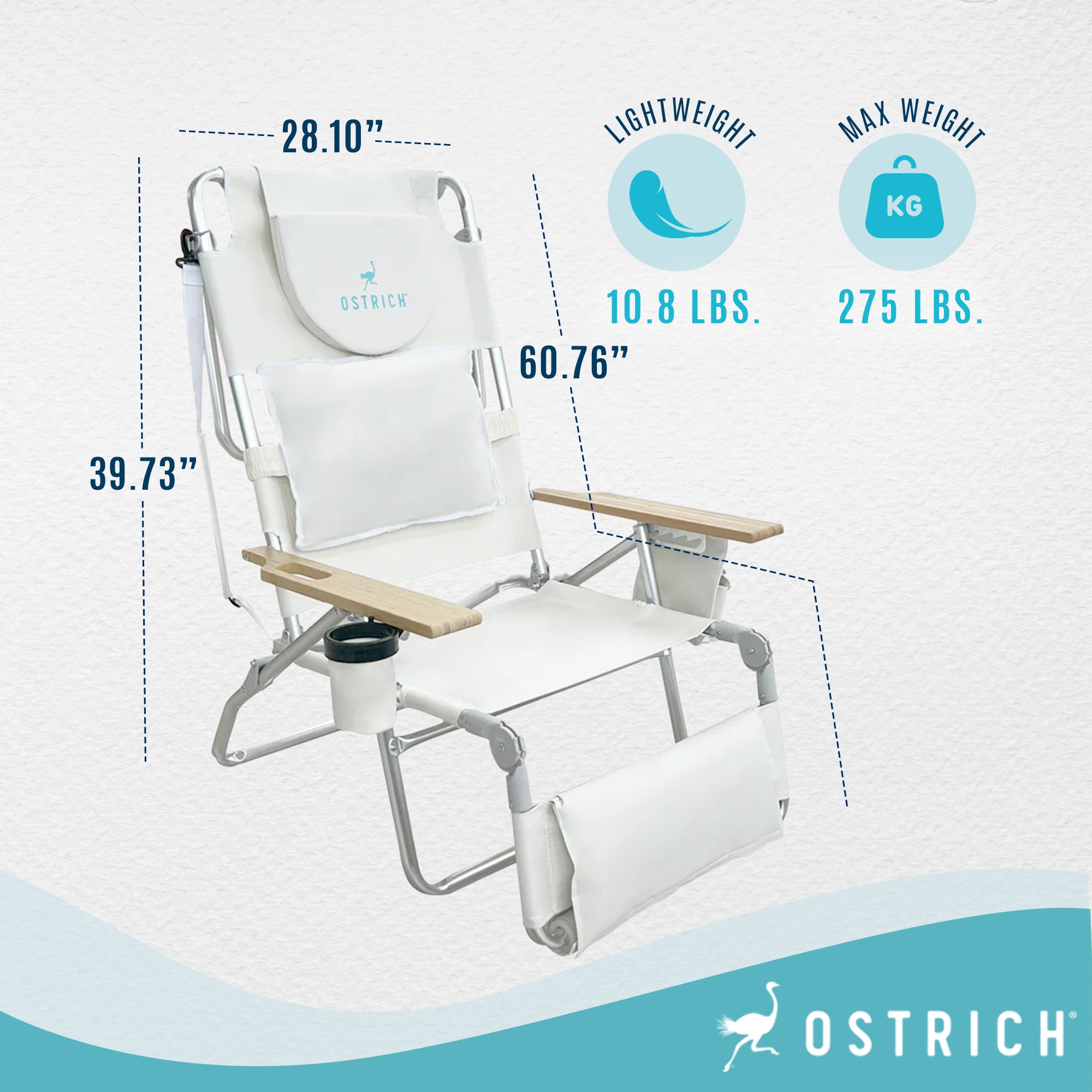 Ostrich 3N1 Lightweight Lawn Beach Lounge Chair w/Footrest, White (Open Box)