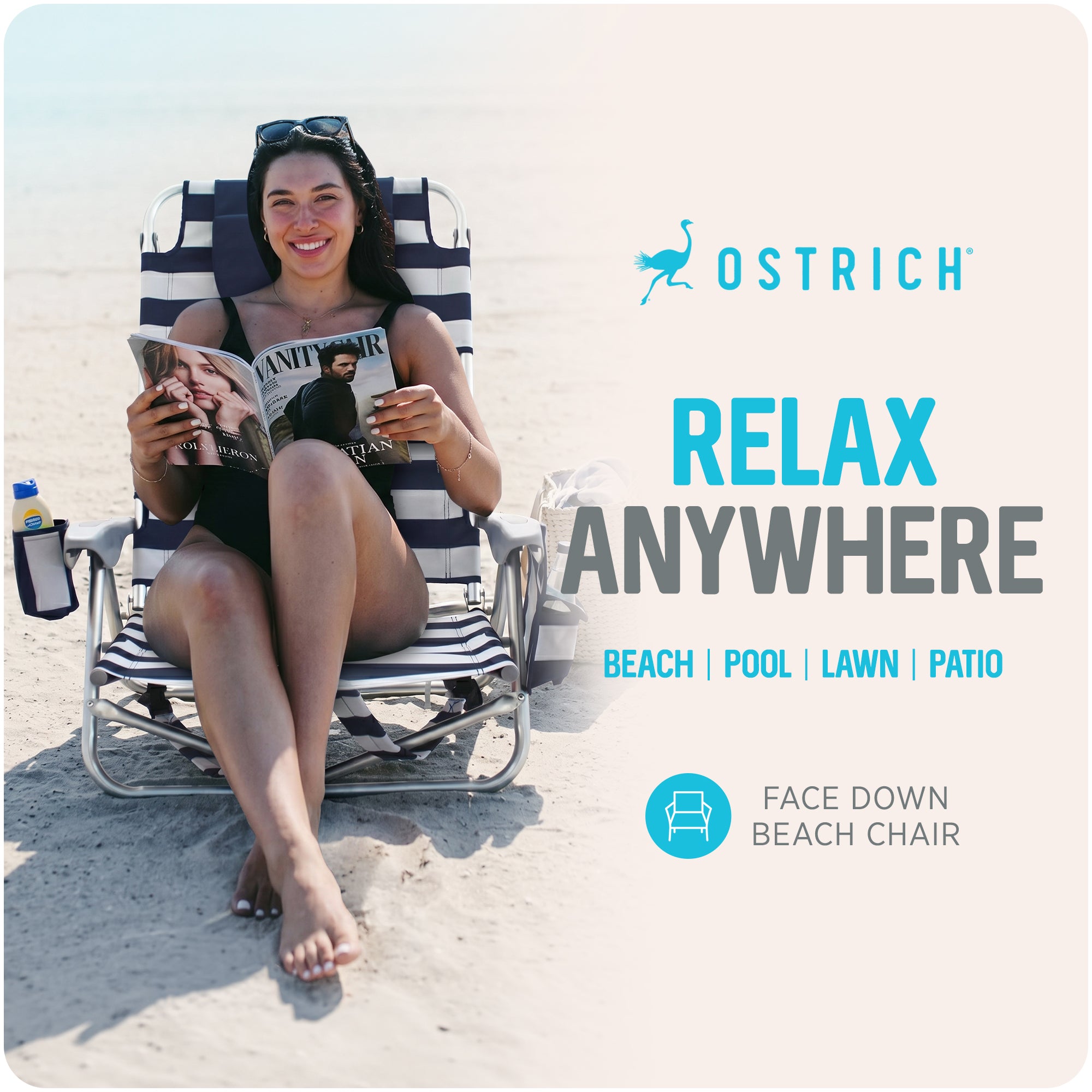 Ostrich Deluxe Backpack Reclining Beach Pool Camping Chair, Striped (Open Box)