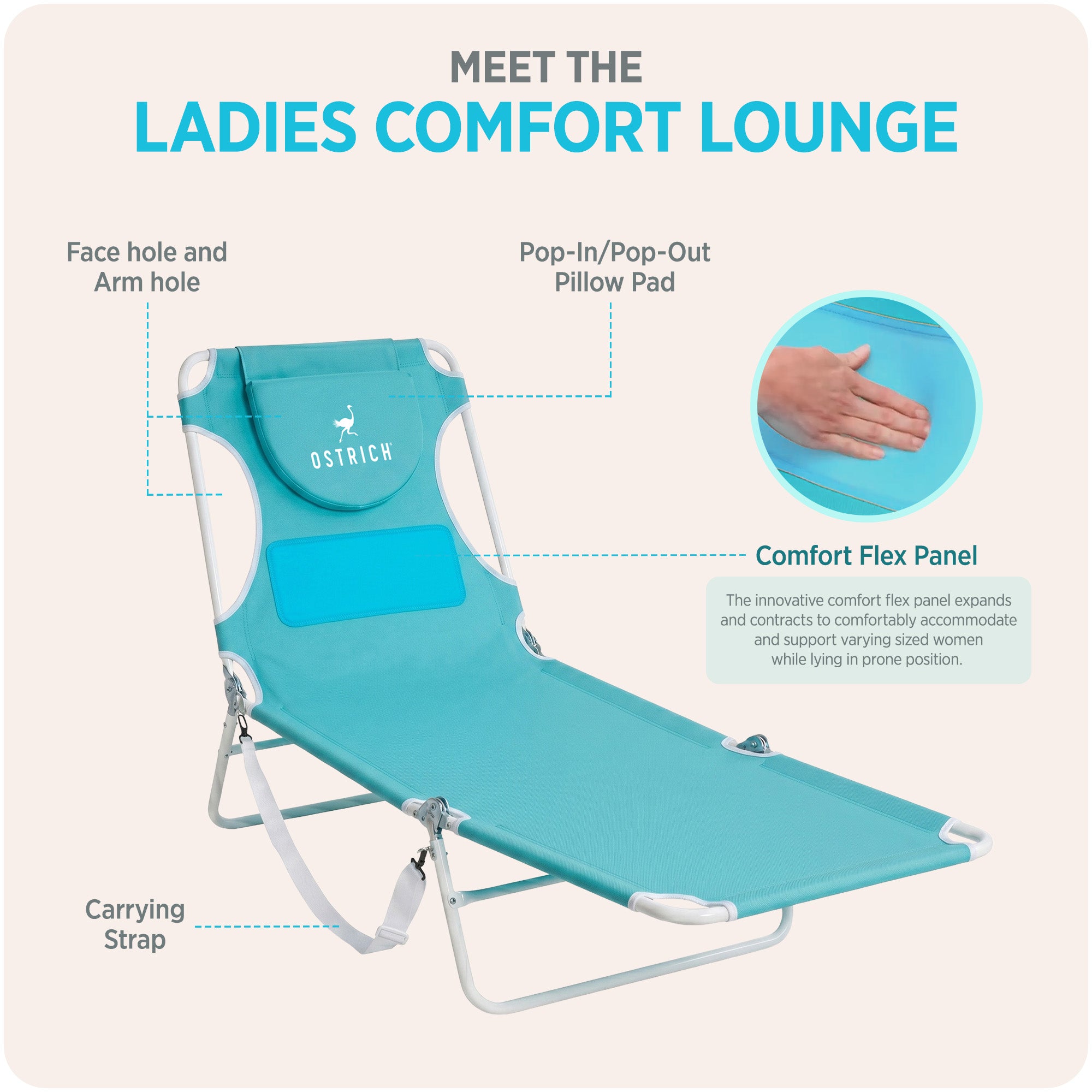 Ostrich The Ladies Comfort Lounger, Foldable Beach Pool Tanning Chair, Aqua