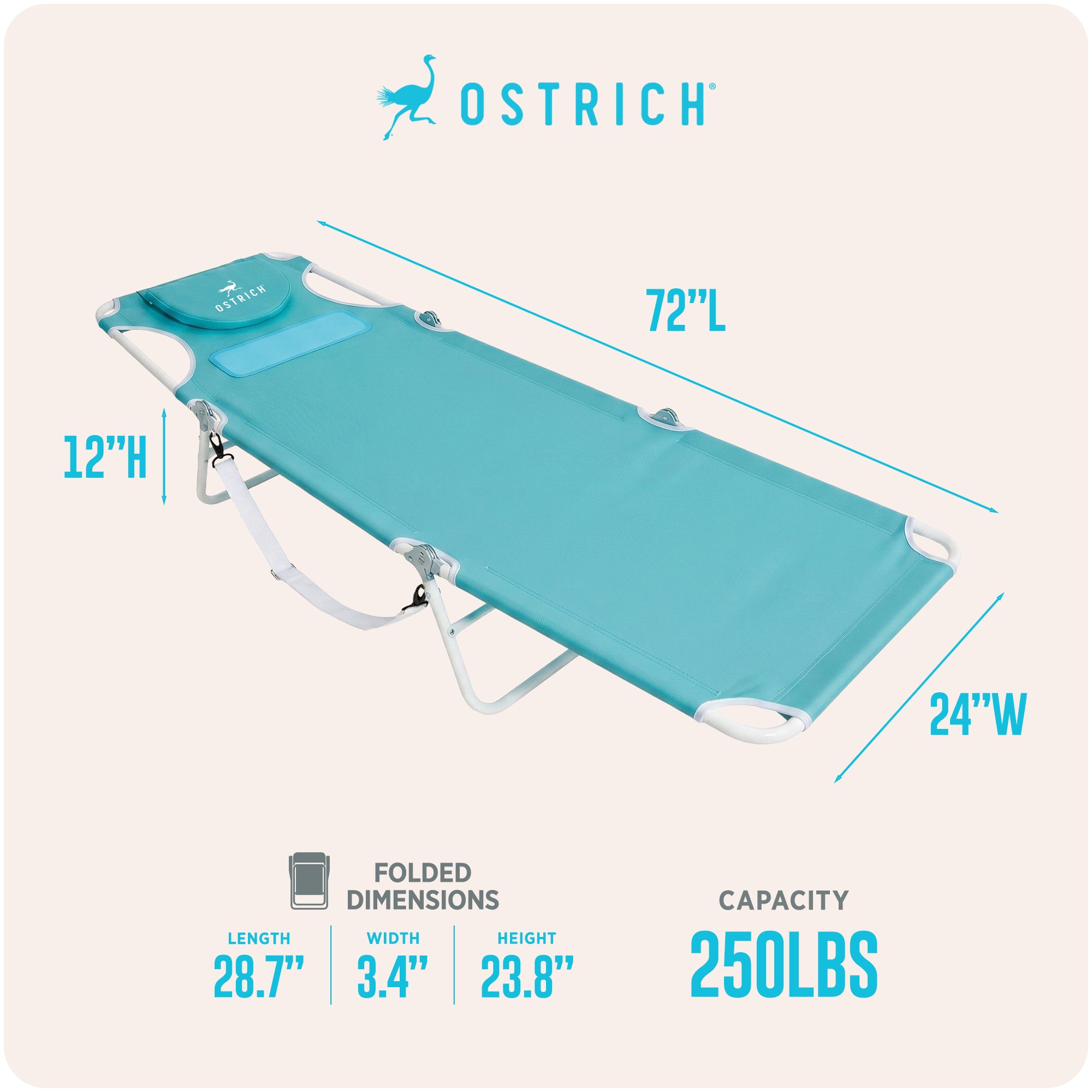 Ostrich The Ladies Comfort Lounger, Foldable Beach Pool Tanning Chair, Aqua