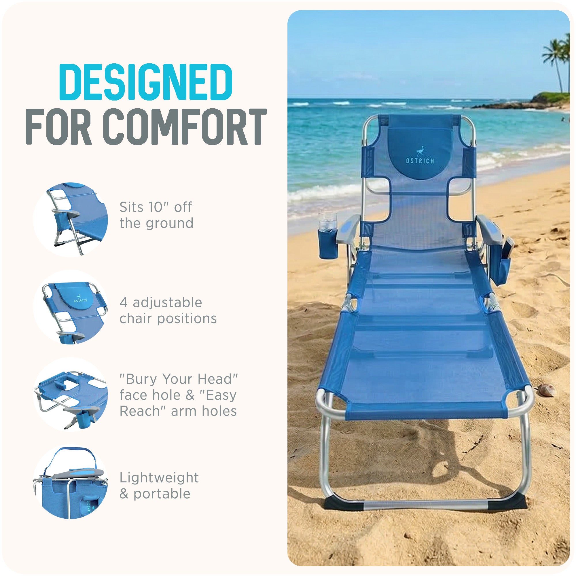 Ostrich Margate Chaise Lounge, Facedown Beach Chair, Blue (Used ) - VMInnovations
