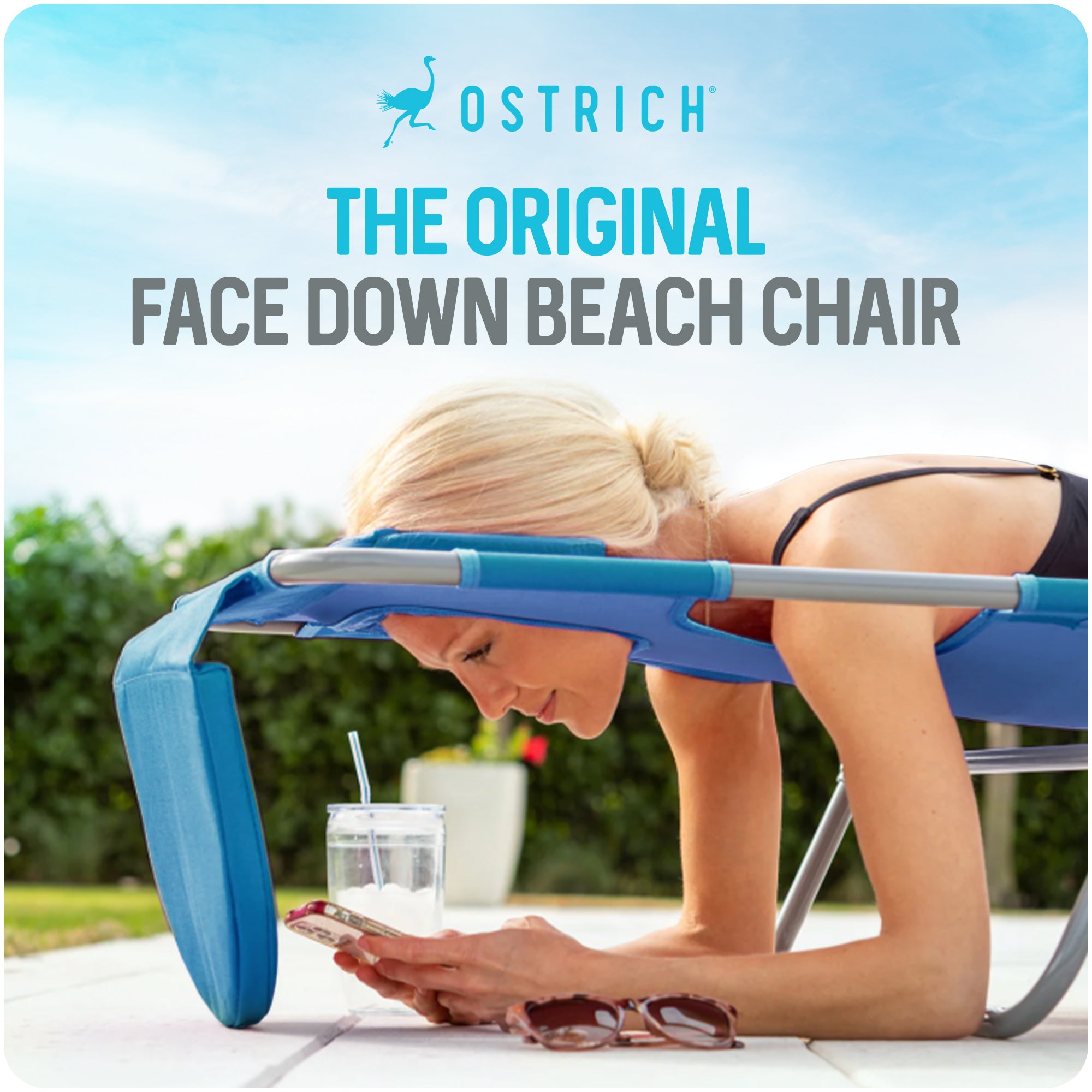 Ostrich Chaise Lounge, Facedown Beach Camping Pool Tanning Chair, Blue(Open Box)
