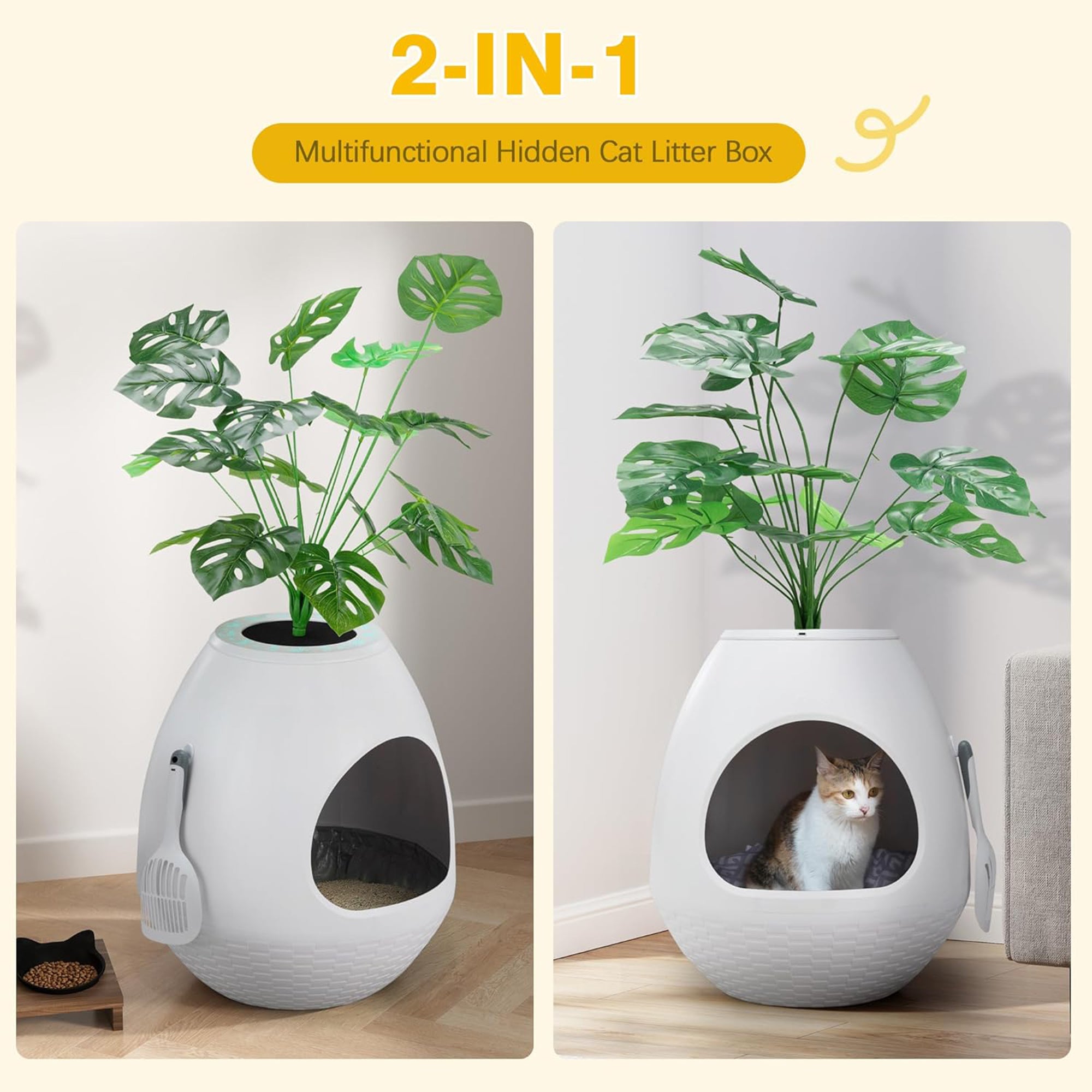 COZIWOW Eggloa6 Extra Large Hidden Plant Cat Litter Box with Odor Control, White - VMInnovations