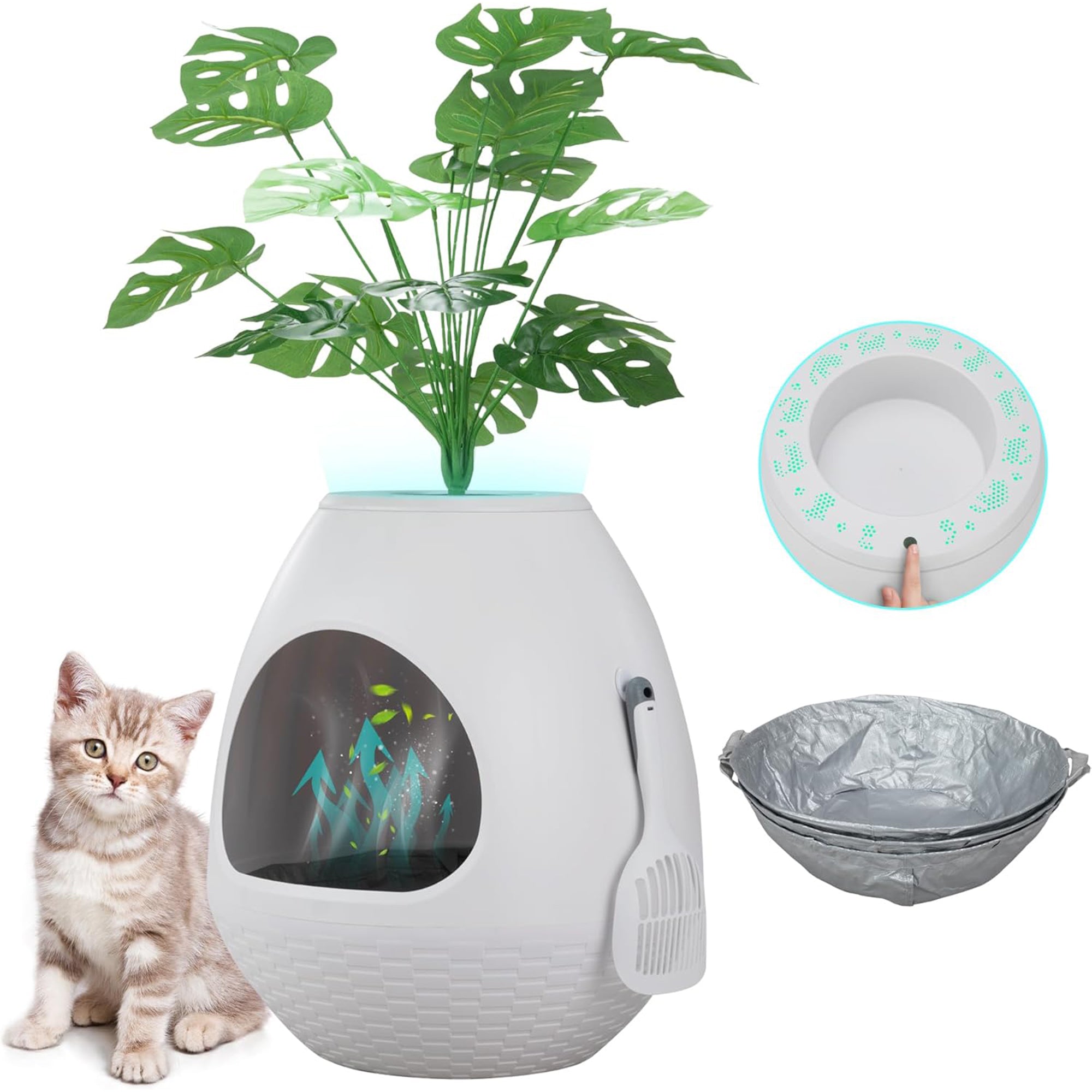 COZIWOW Eggloa6 Extra Large Hidden Plant Cat Litter Box with Odor Control, White - VMInnovations