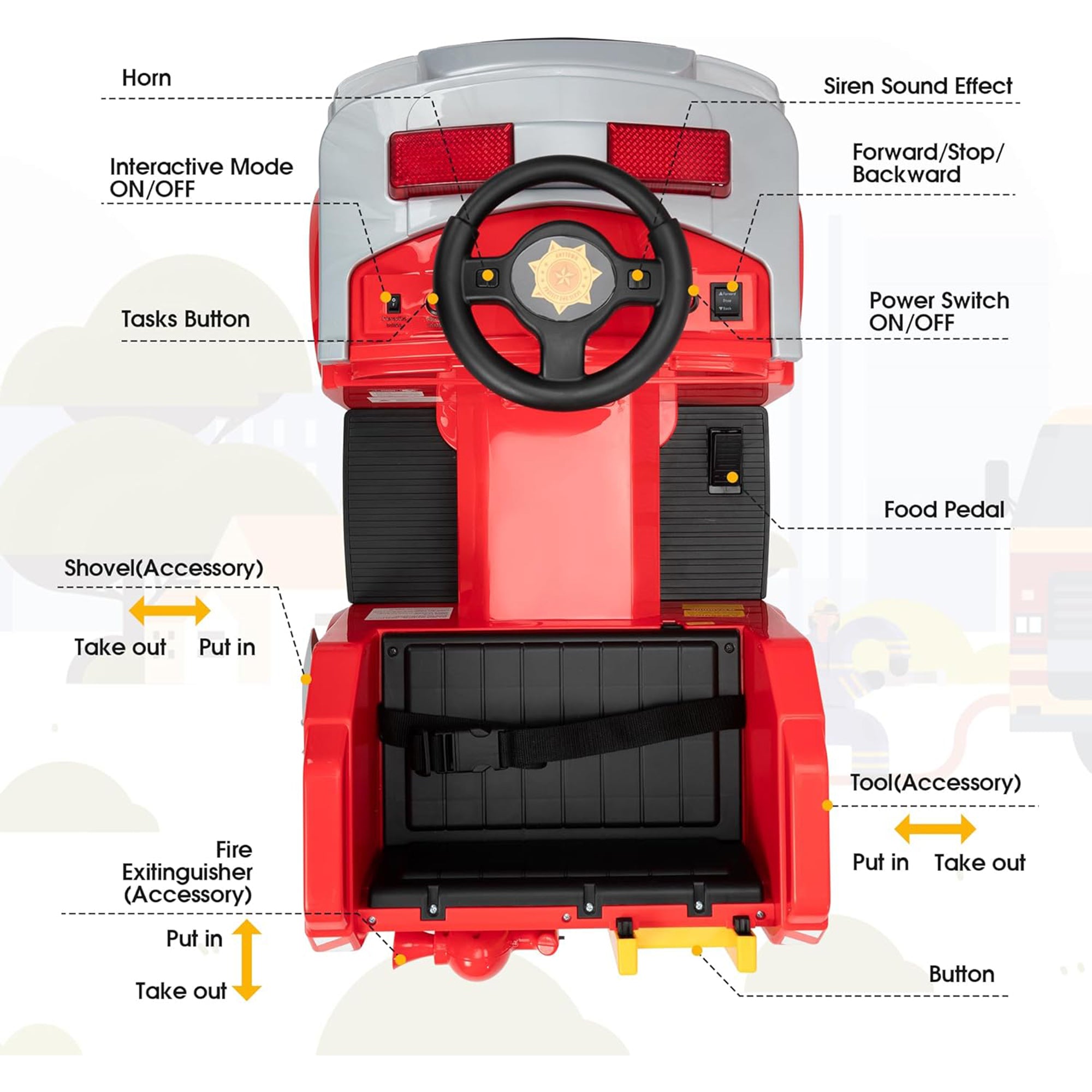 TOBBI Kids Ride on Fire Truck, Battery Powered Car w/ Ladder, Lights, Tools, Red - VMInnovations