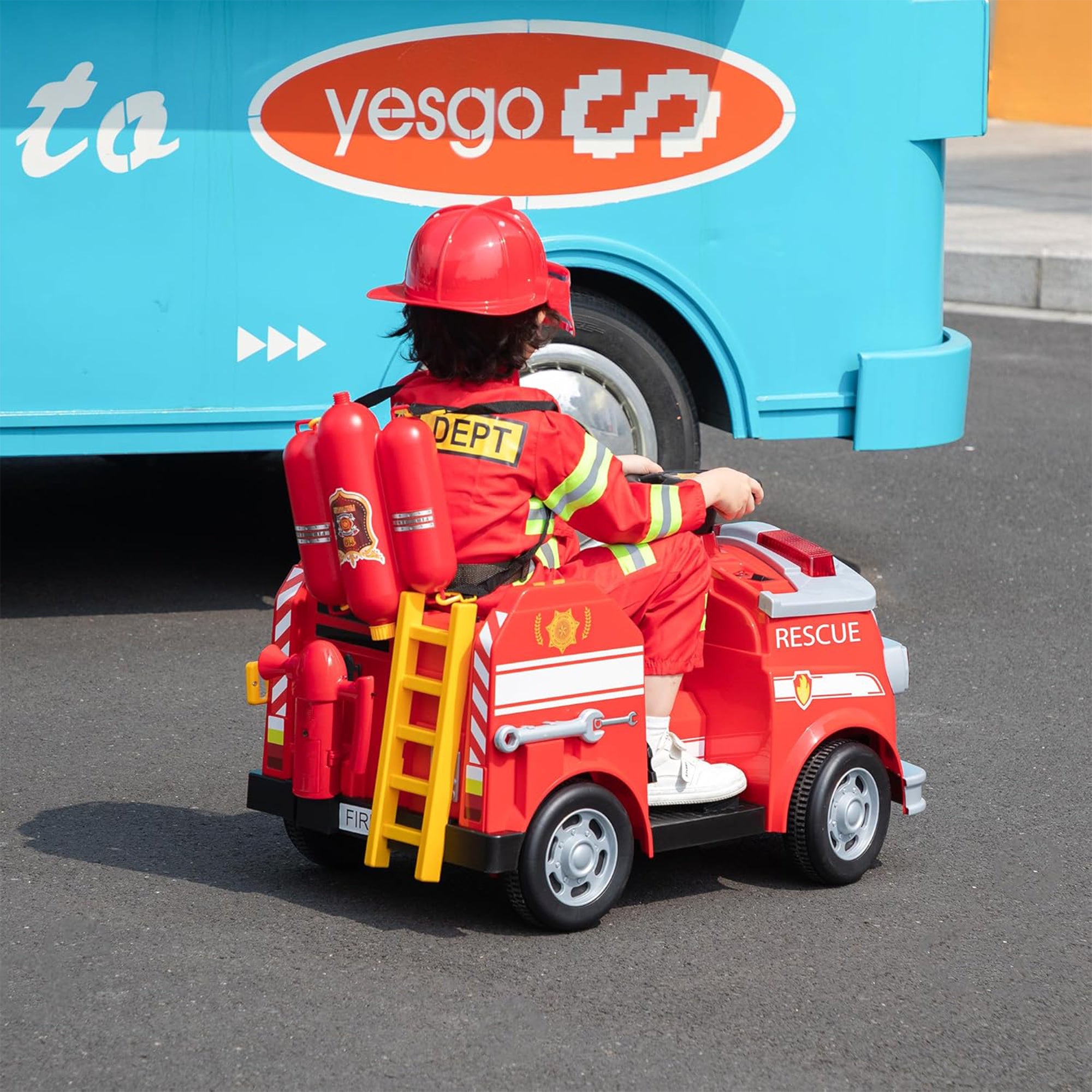 TOBBI Kids Ride on Fire Truck, Battery Powered Car w/ Ladder, Lights, Tools, Red - VMInnovations