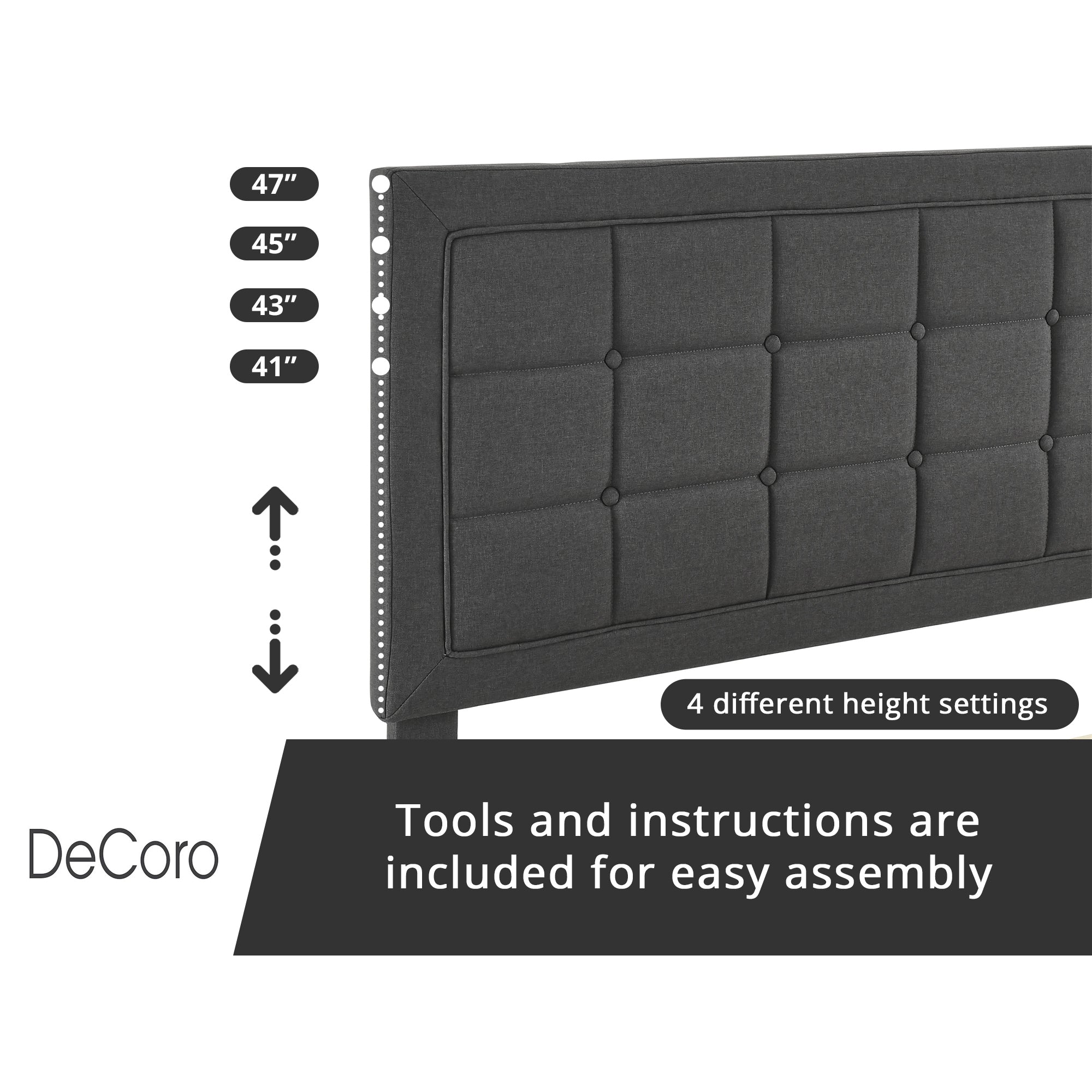 DeCoro Mornington Upholstered 2.0 Platform Bed w/ Metal Frame, Dark Grey, Full