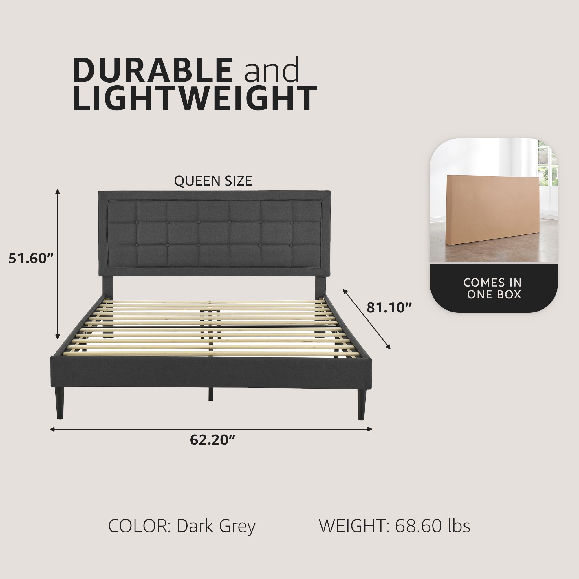 DeCoro Mornington Upholstered 2.0 Platform Bed w/ Metal Frame, Dark Grey, Queen