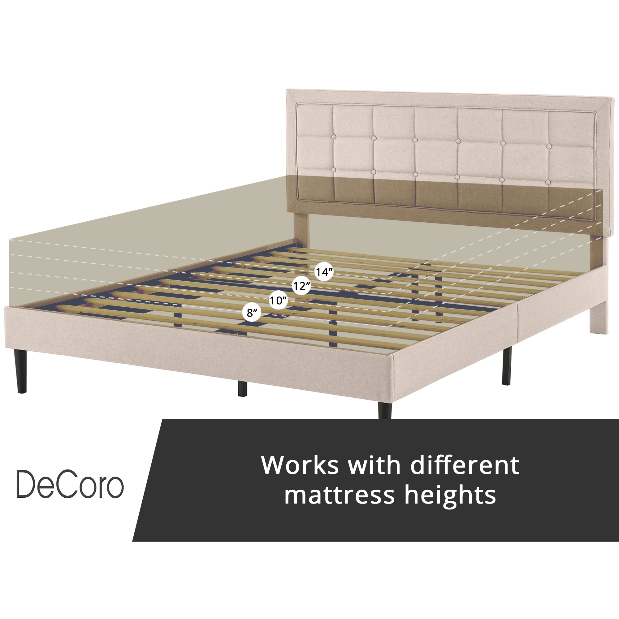DeCoro Mornington Upholstered 2.0 Platform Bed w/ Metal Frame, Linen, Queen (Used)