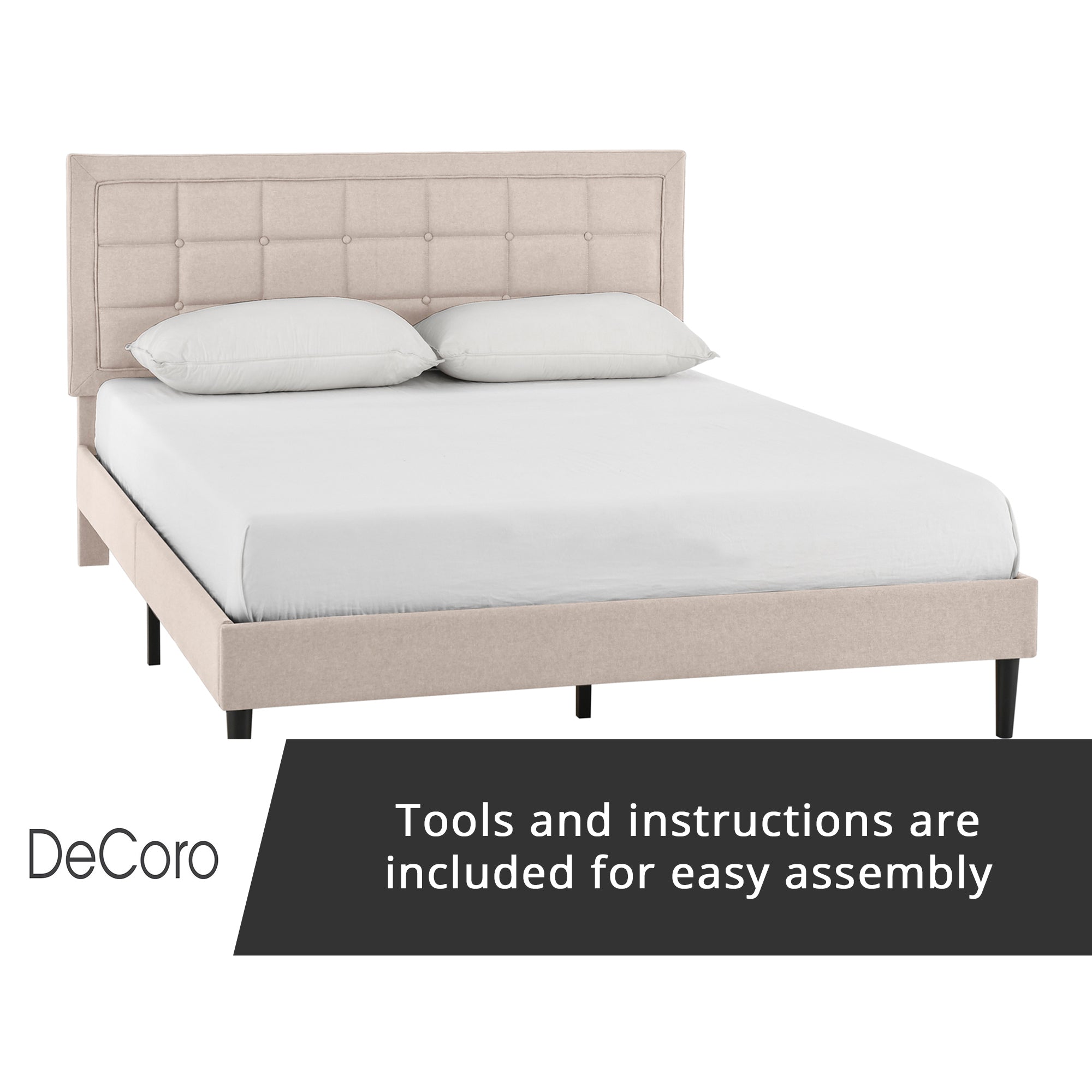 DeCoro Mornington Upholstered 2.0 Platform Bed w/ Metal Frame, Linen, King - VMInnovations
