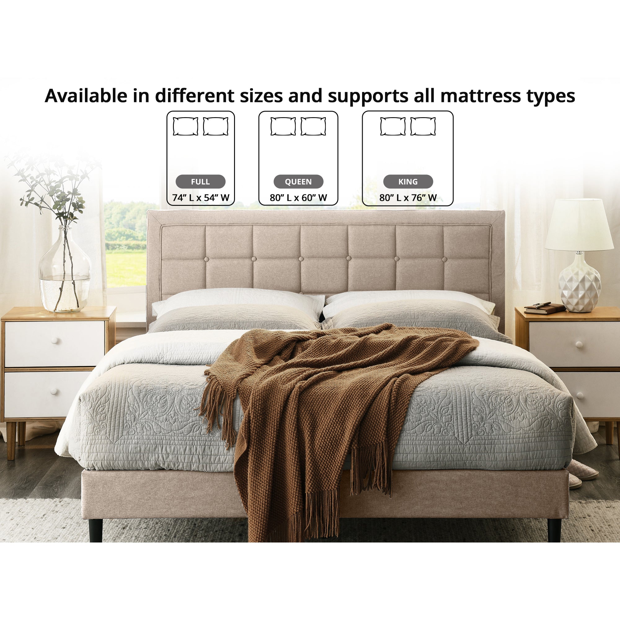 DeCoro Mornington Upholstered 2.0 Platform Bed w/ Metal Frame, Linen, King - VMInnovations
