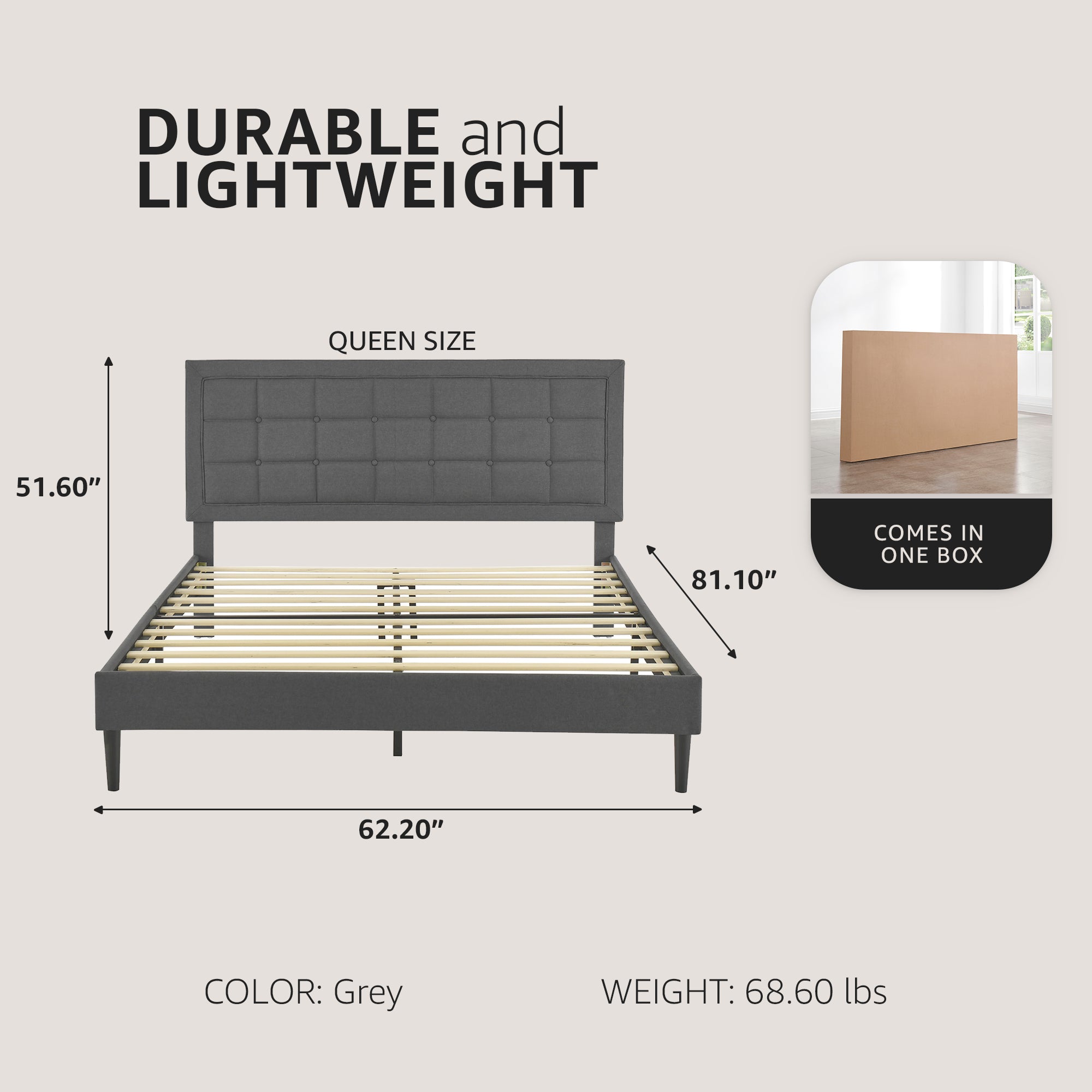 DeCoro Mornington Upholstered 2.0 Platform Bed w/ Metal Frame, Light Grey, Queen - VMInnovations
