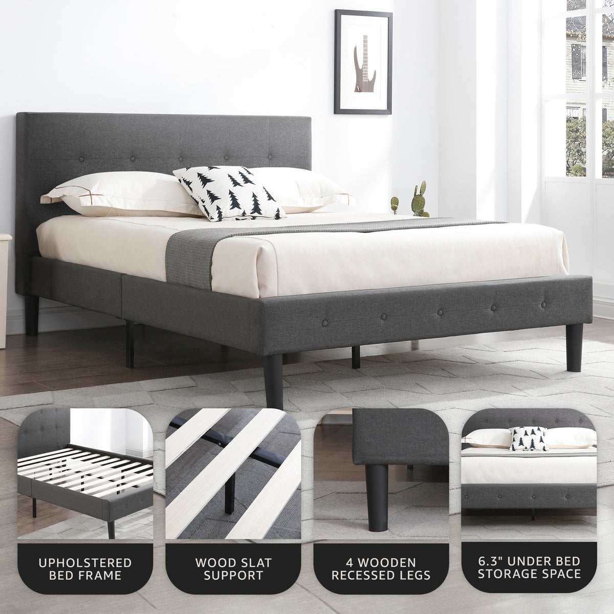DeCoro Cambridge Upholstered Wooden Platform Bed Frame, Full Size (Open Box)