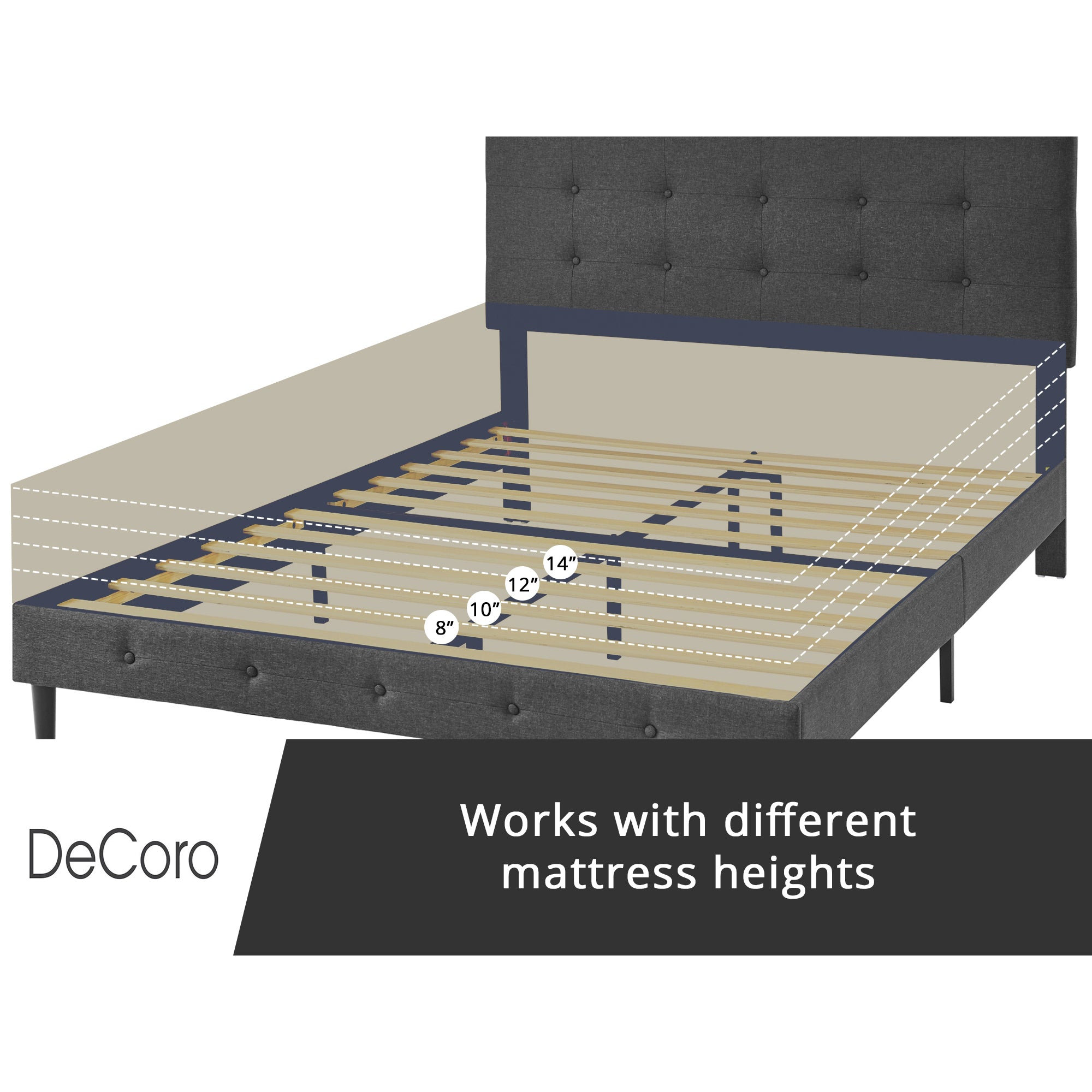 DeCoro Cambridge Upholstered Wooden Platform Bed Frame, Queen Size, Dark Grey - VMInnovations