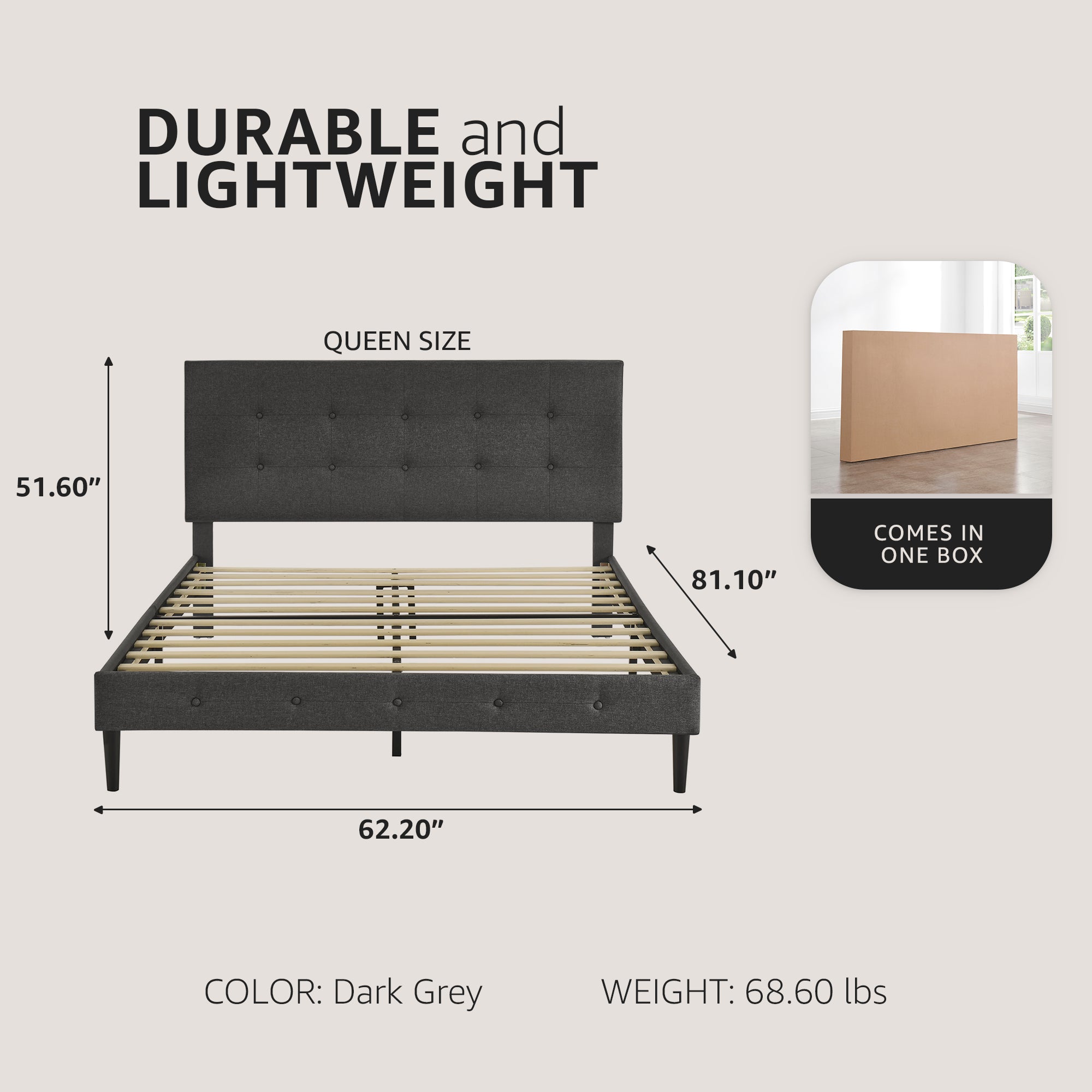 DeCoro Cambridge Upholstered Wooden Platform Bed Frame, Queen, Grey (Open Box)