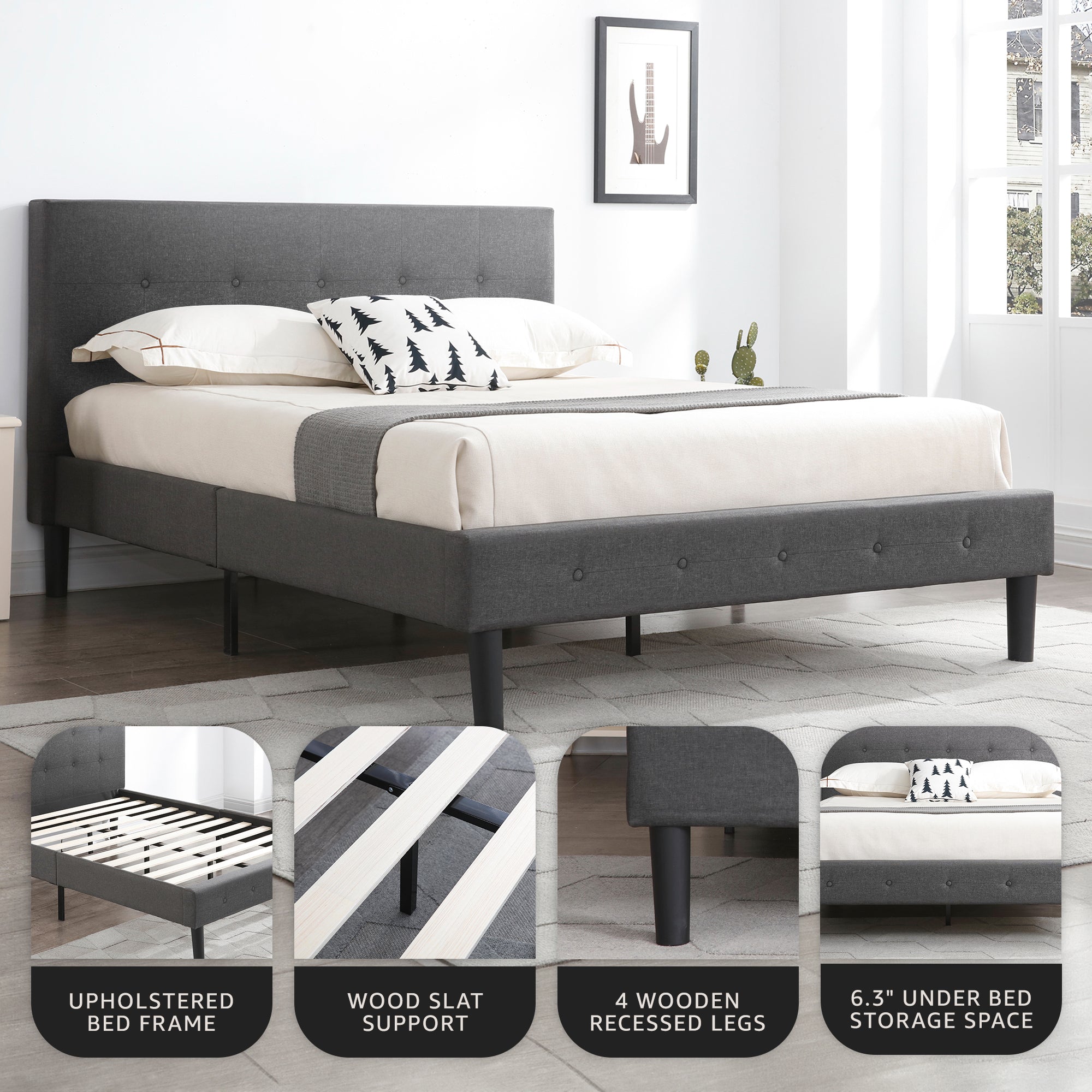 DeCoro Cambridge Upholstered Wooden Platform Bed Frame, Queen Size, Dark Grey - VMInnovations