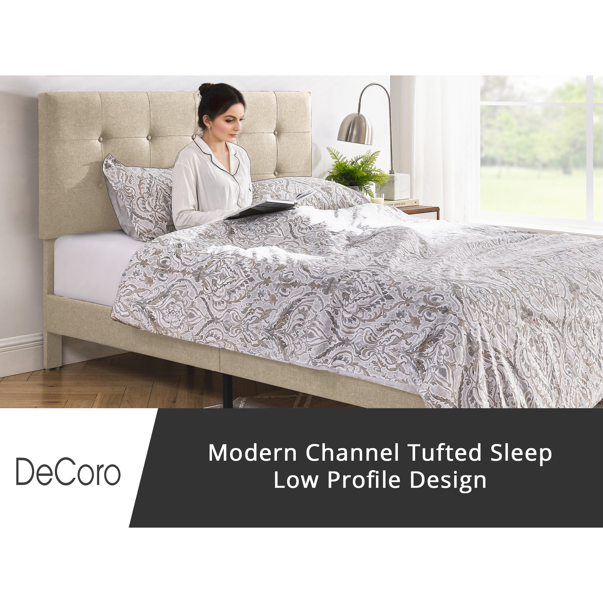 DeCoro Cambridge Upholstered Wooden Platform Bed Frame w/Headboard, Full, Linen - VMInnovations