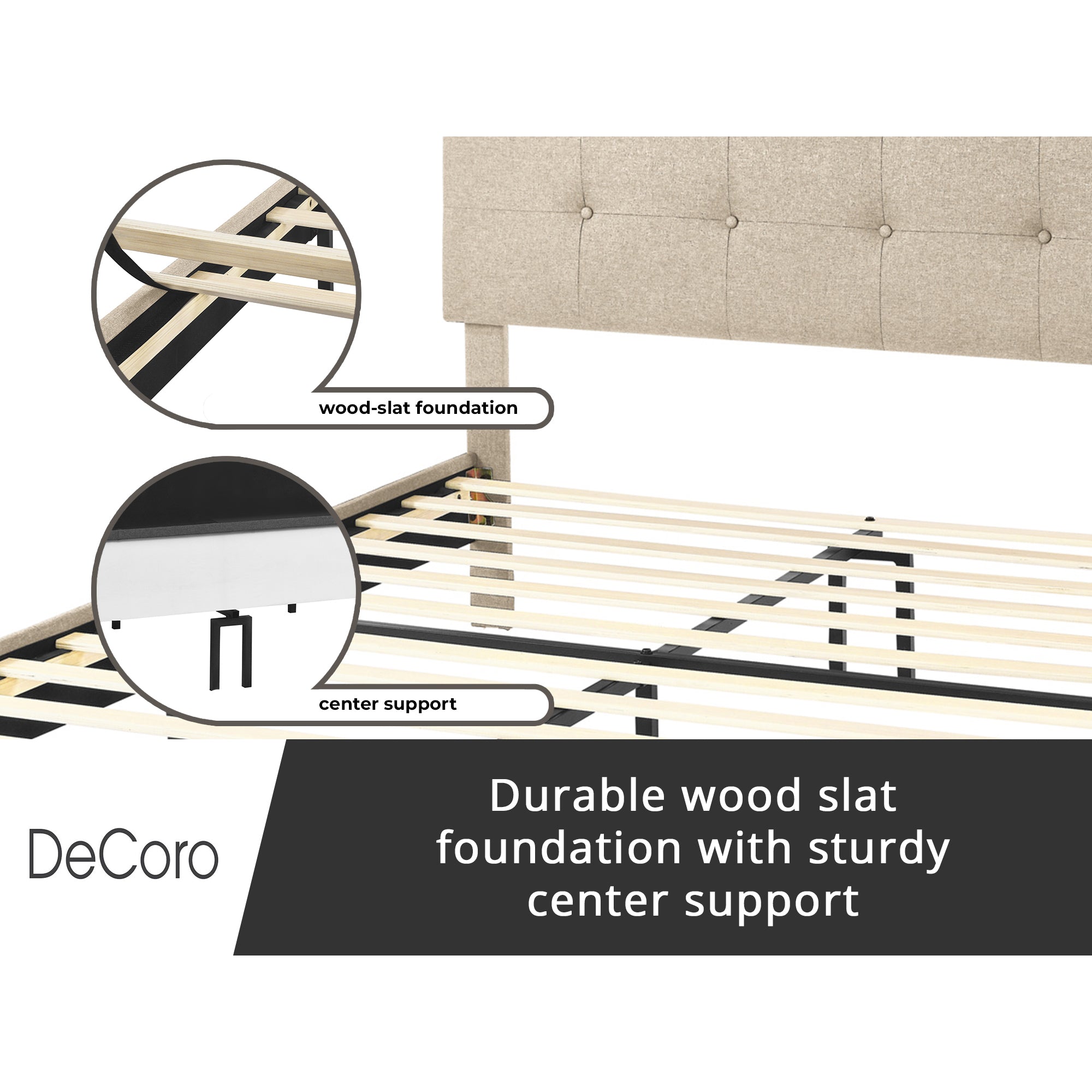 DeCoro Cambridge Upholstered Wooden Platform Bed Frame w/Headboard, Full, Linen - VMInnovations