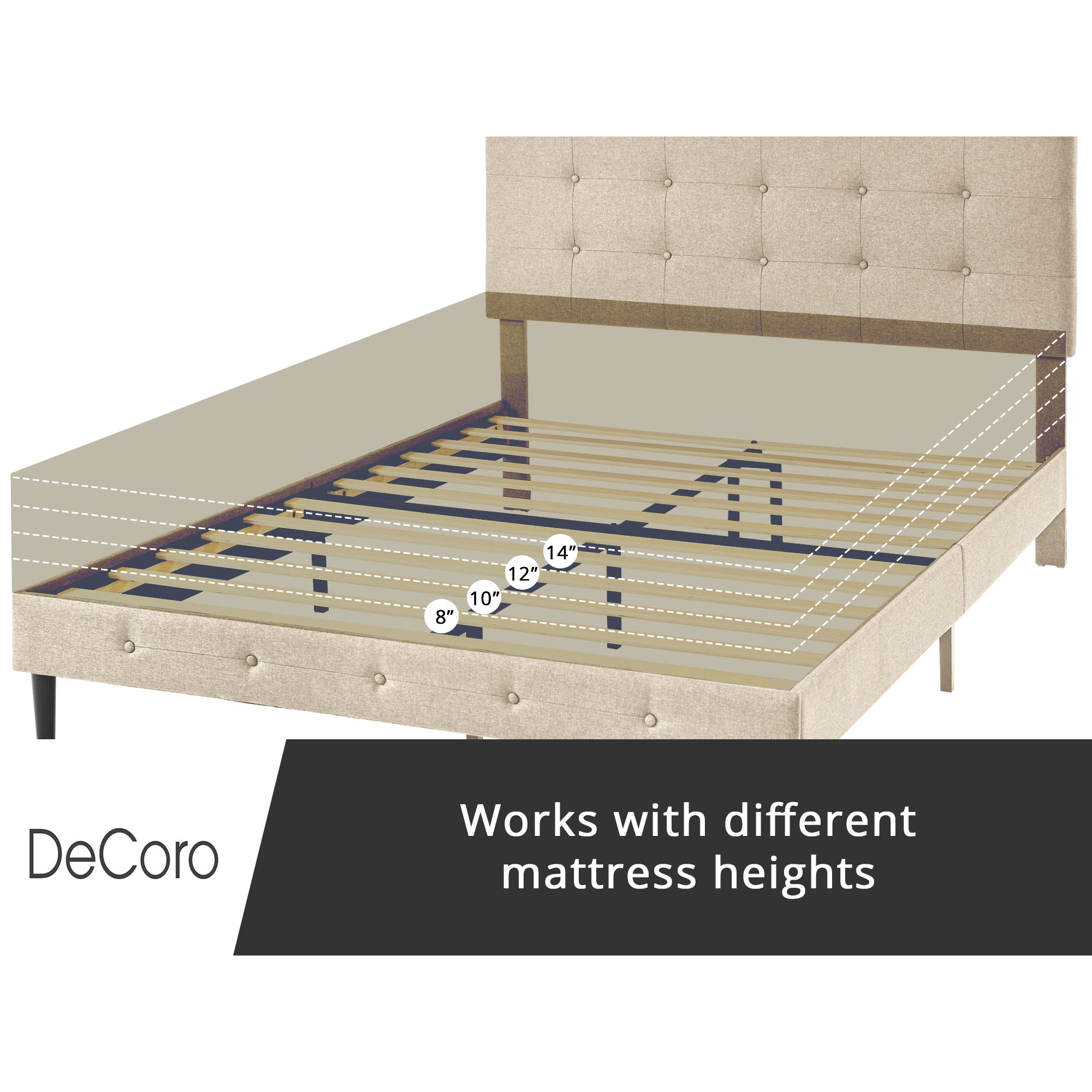 DeCoro Cambridge Upholstered Wooden Platform Bed Frame w/Headboard, Full, Linen - VMInnovations