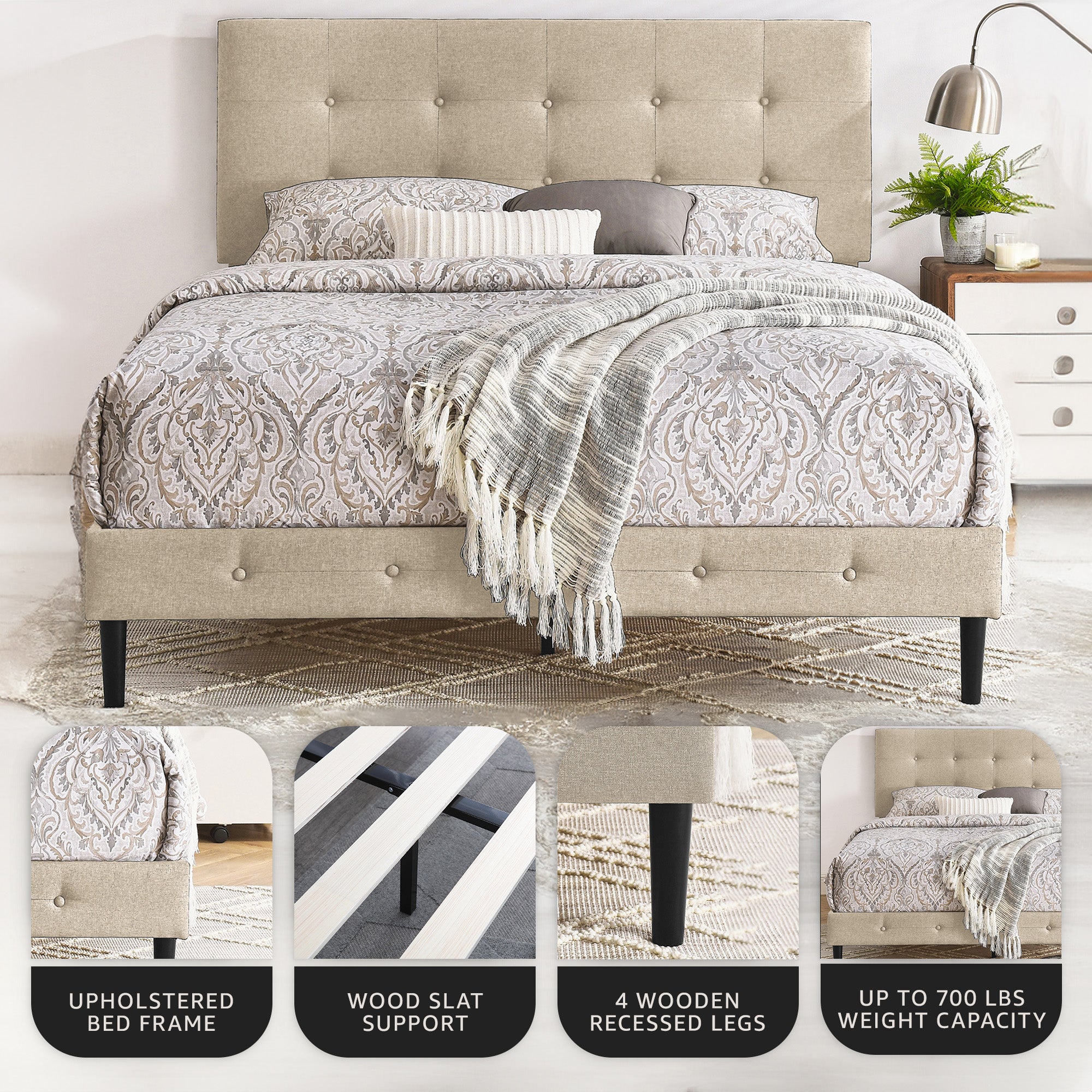 DeCoro Cambridge Upholstered Wooden Platform Bed Frame, Full, Linen (Open Box)