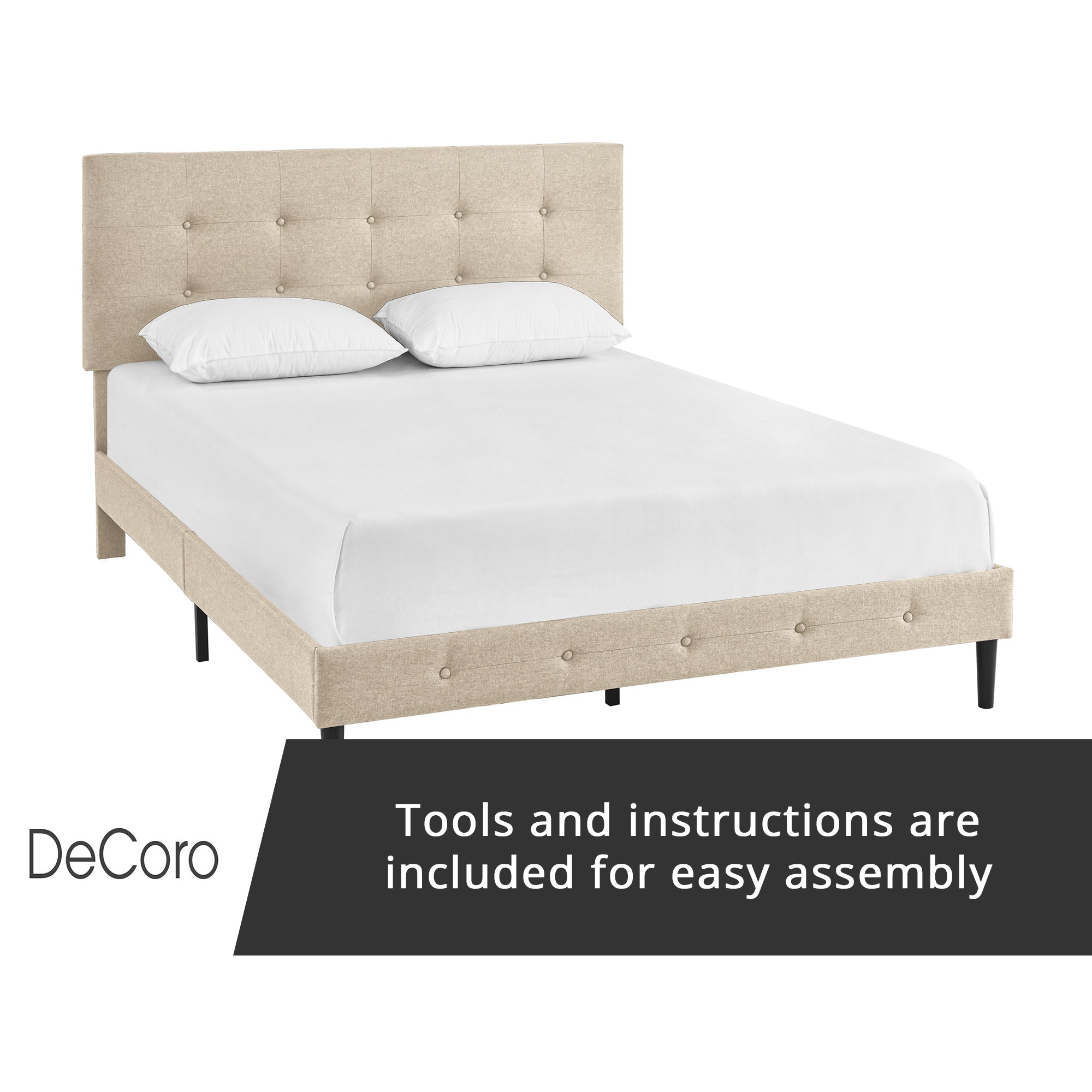 DeCoro Cambridge Upholstered Wooden Platform Bed Frame w/Headboard, Queen, Linen - VMInnovations