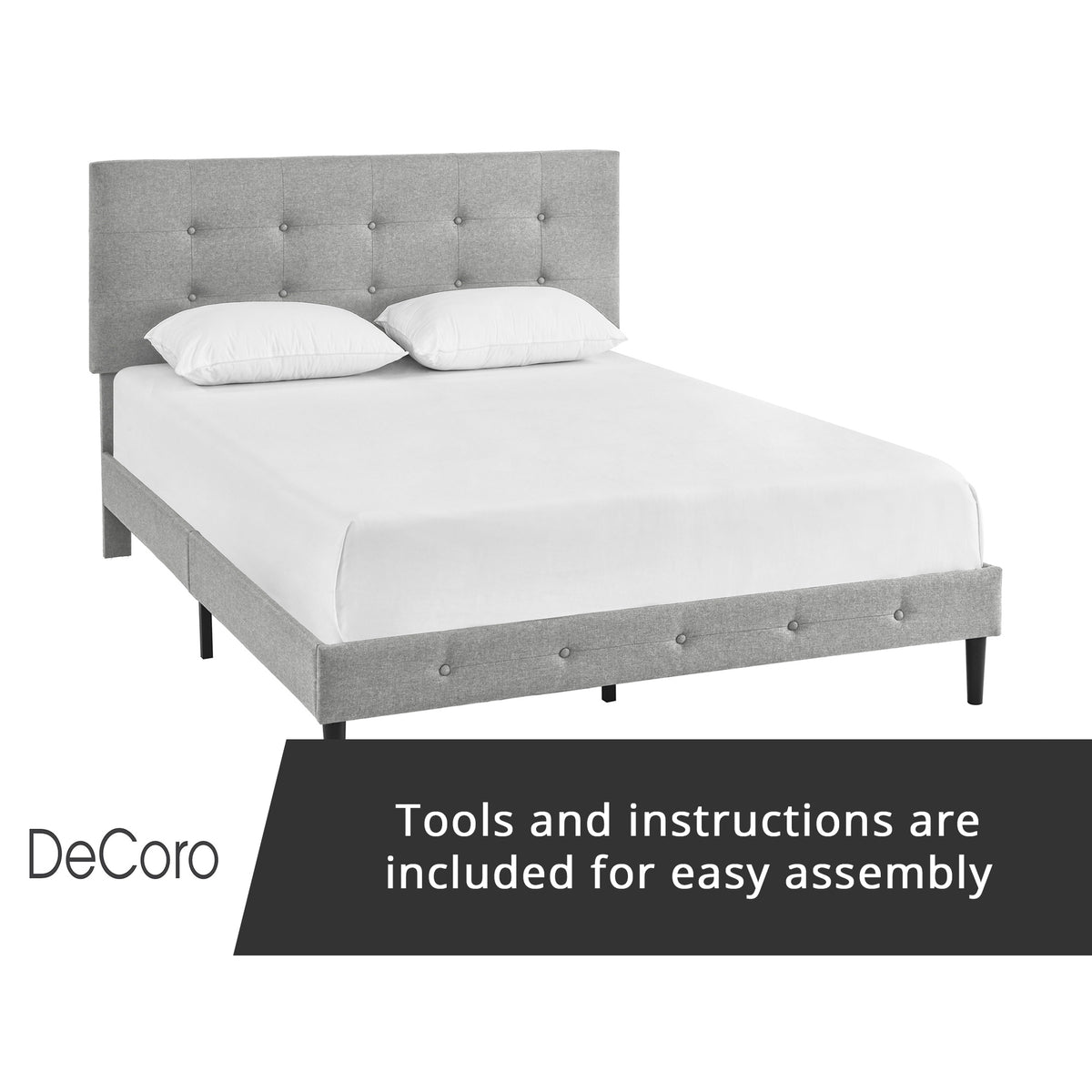 DeCoro Cambridge Upholstered Wooden Platform Bed Frame w/Headboard, Full, Gray