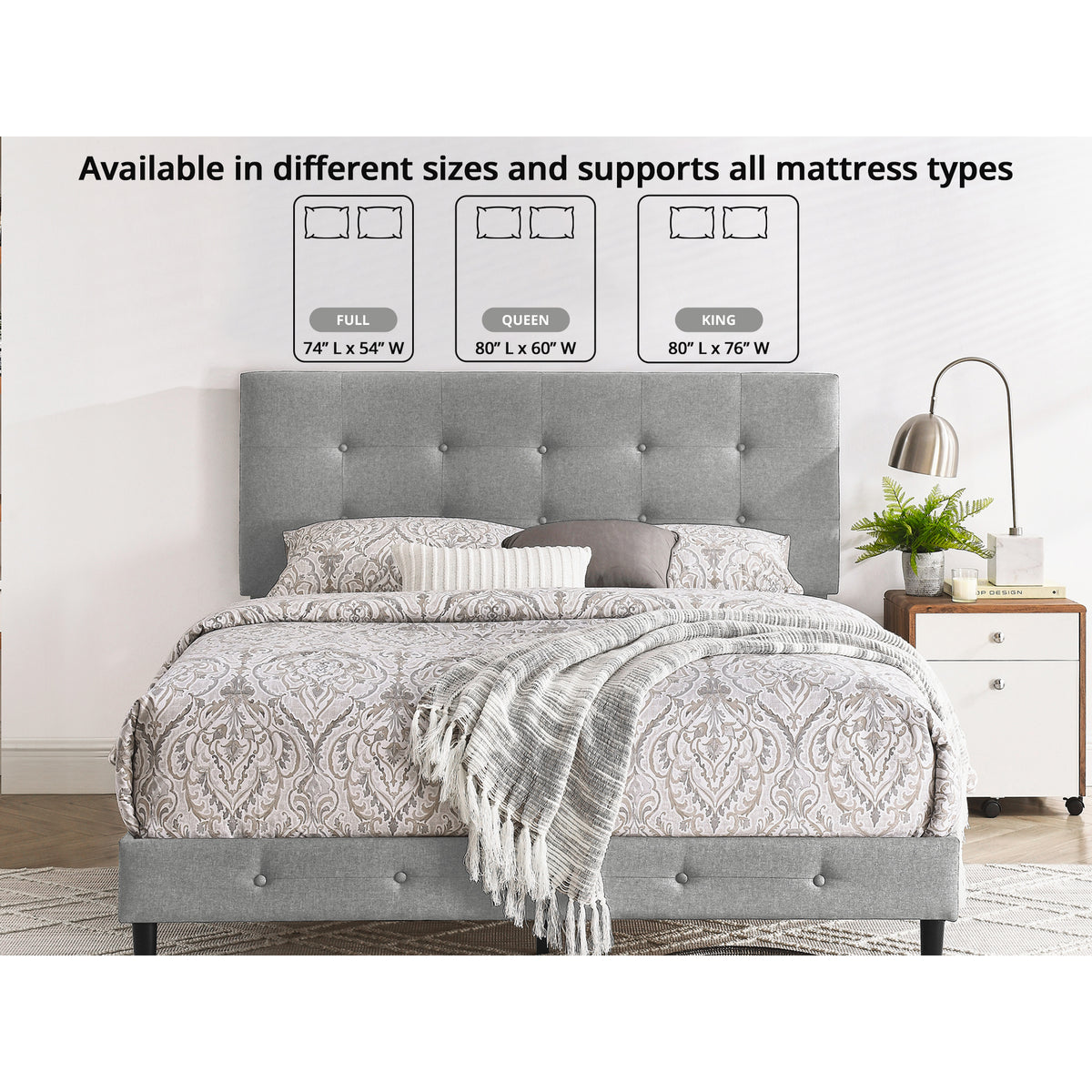 DeCoro Cambridge Upholstered Wooden Platform Bed Frame w/Headboard (Open Box) - VMInnovations