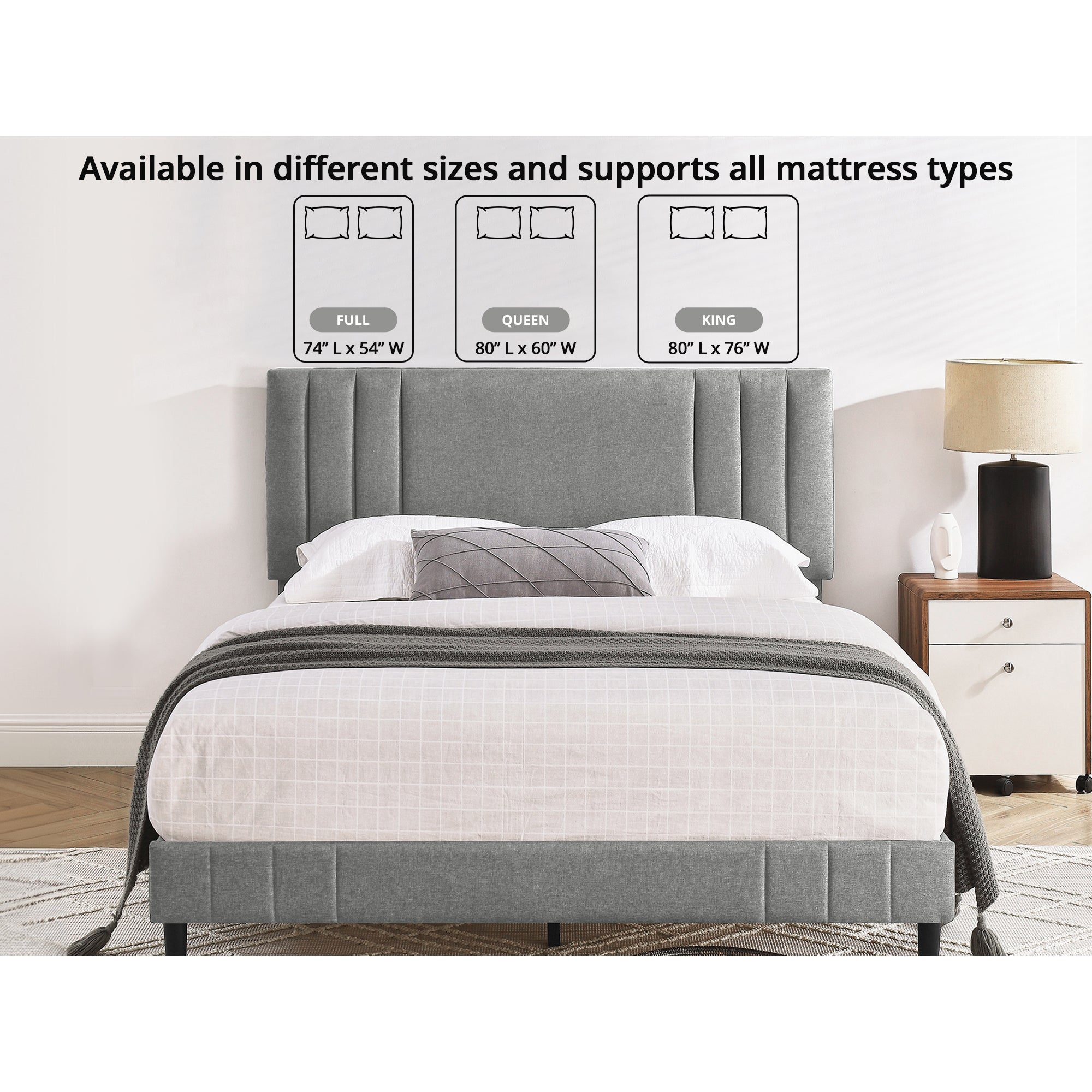 DeCoro Chicago Modern Tufted Upholstered Platform Full Size Bed Frame, Full,Grey