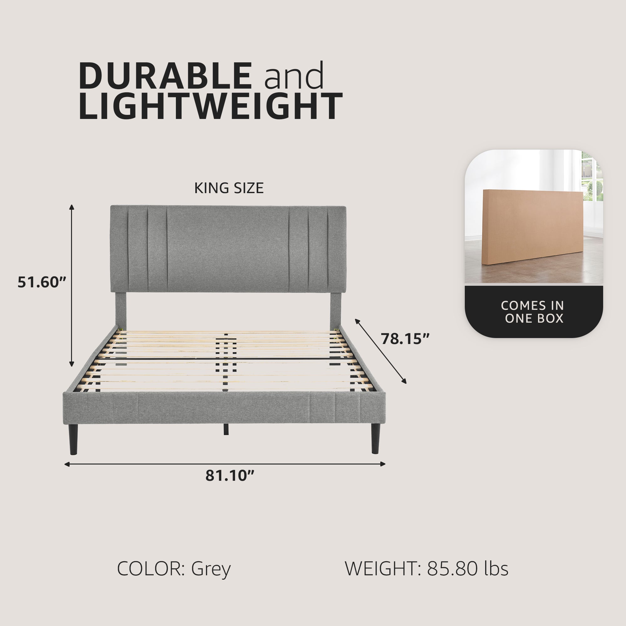 DeCoro Chicago Modern Upholstered Platform King Size Bed Frame, Grey (Open Box)