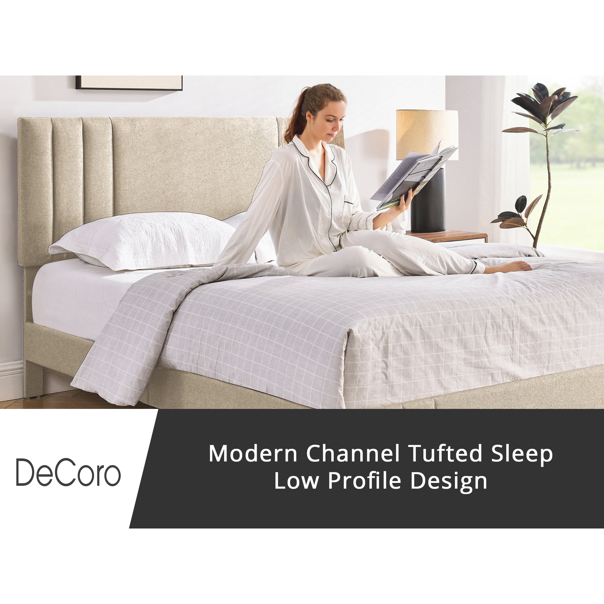 DeCoro Chicago Modern Tufted Upholstered Platform Full Size Bed Frame, Linen