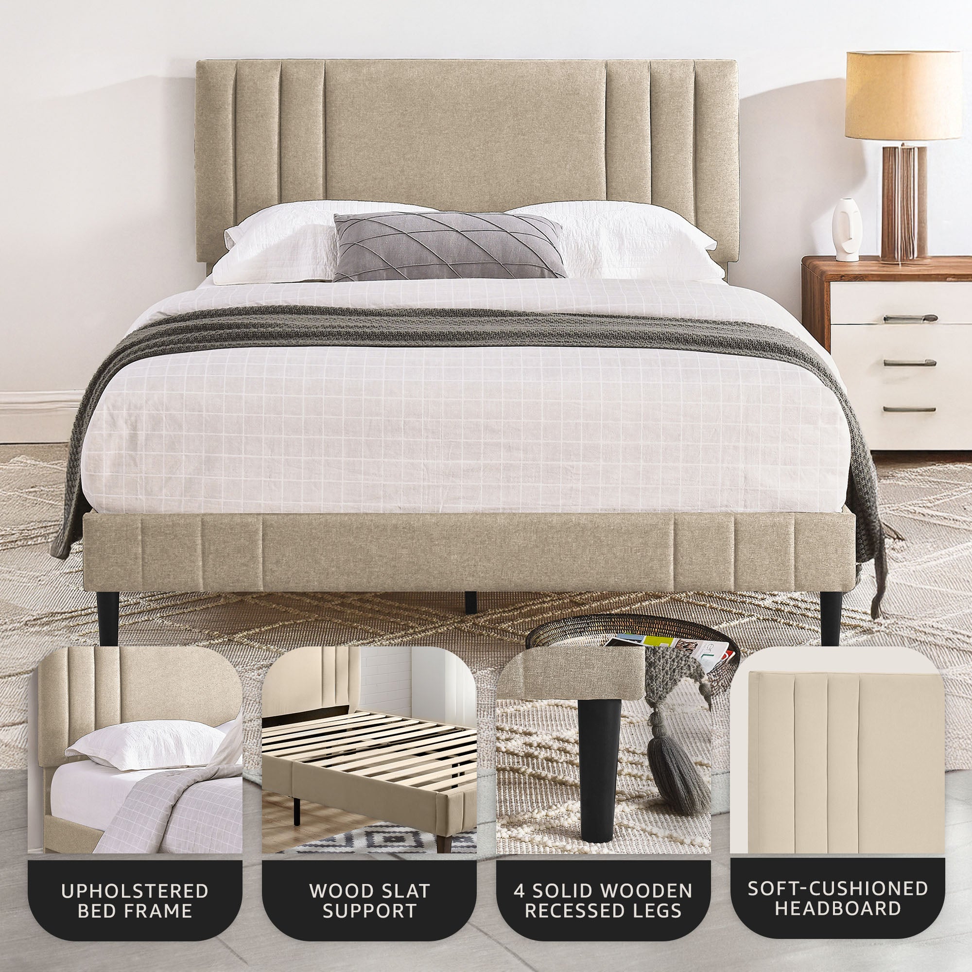 DeCoro Chicago Modern Tufted Upholstered Platform Full Size Bed Frame, Linen - VMInnovations