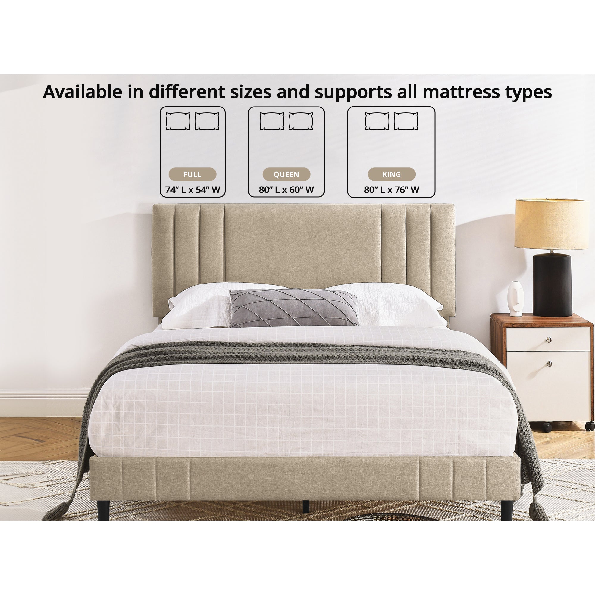 DeCoro Chicago Modern Tufted Upholstered Platform Queen Size Bed, Linen