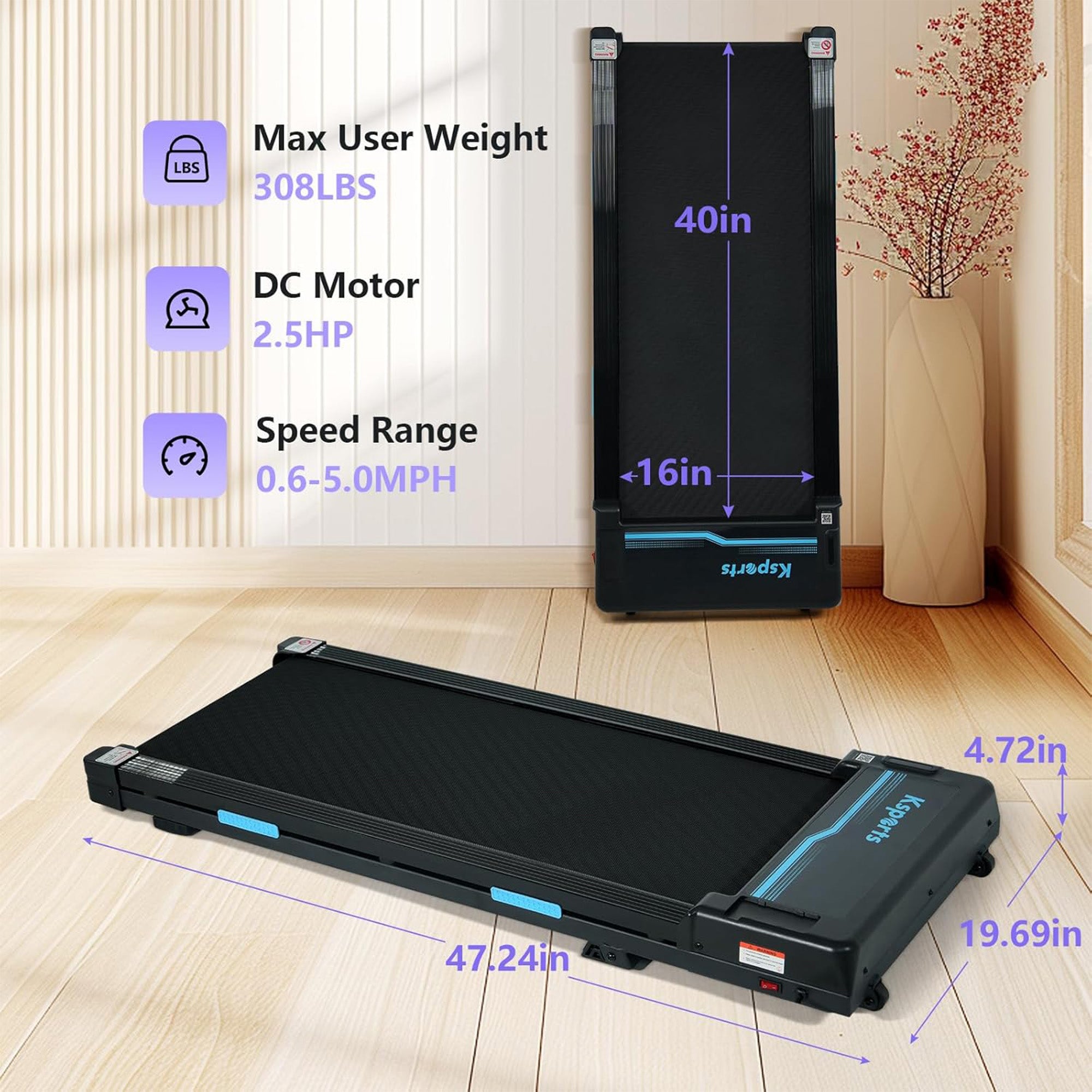 Ksports Under Desk Walking Pad Treadmill w/ Manual Incline&Wheels, 2.5 HP (Used) - VMInnovations