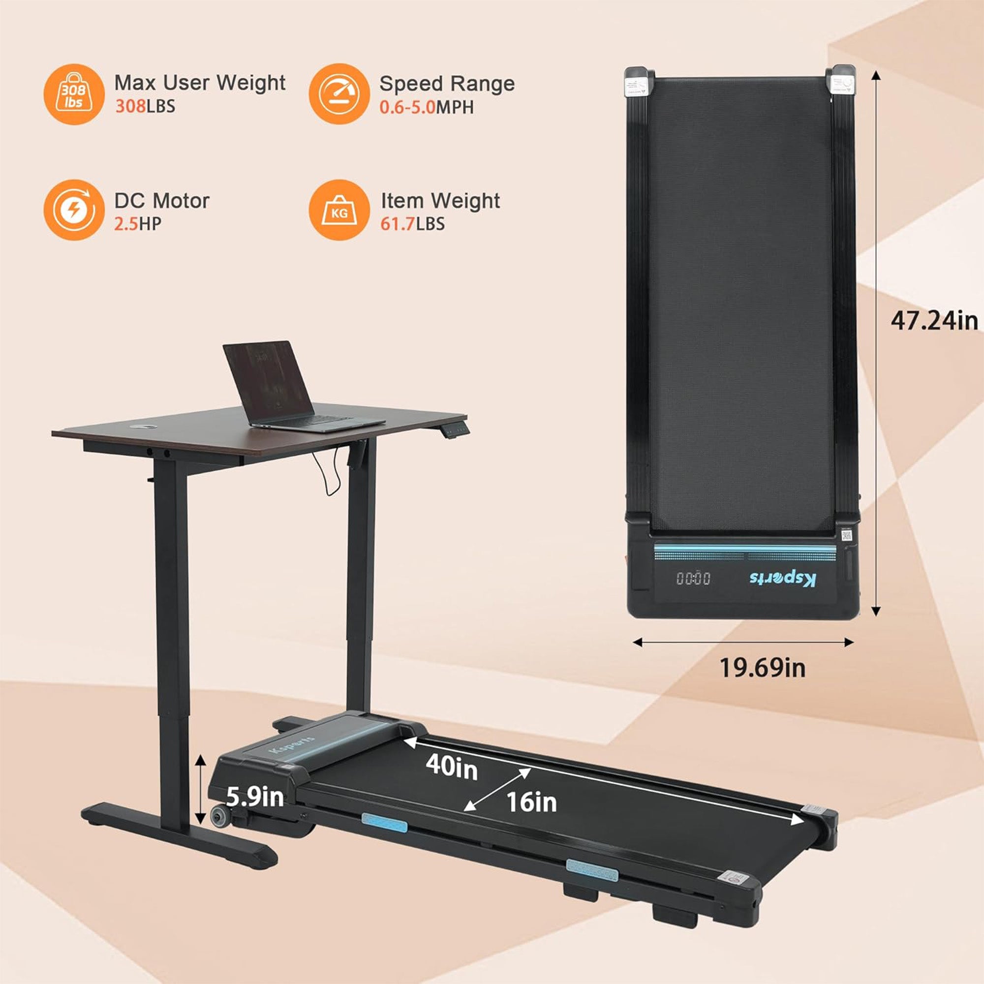 Ksports Under Desk Walking Pad Treadmill with Auto Incline and Wheels, 2.5 HP - VMInnovations