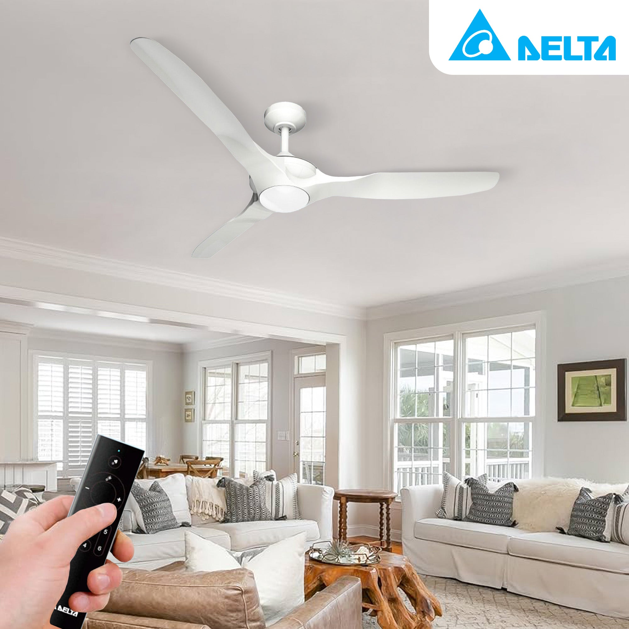Delta Breez 52" Ceiling Fan with LED, Remote, Indoor/Outdoor, Benicia, White - VMInnovations