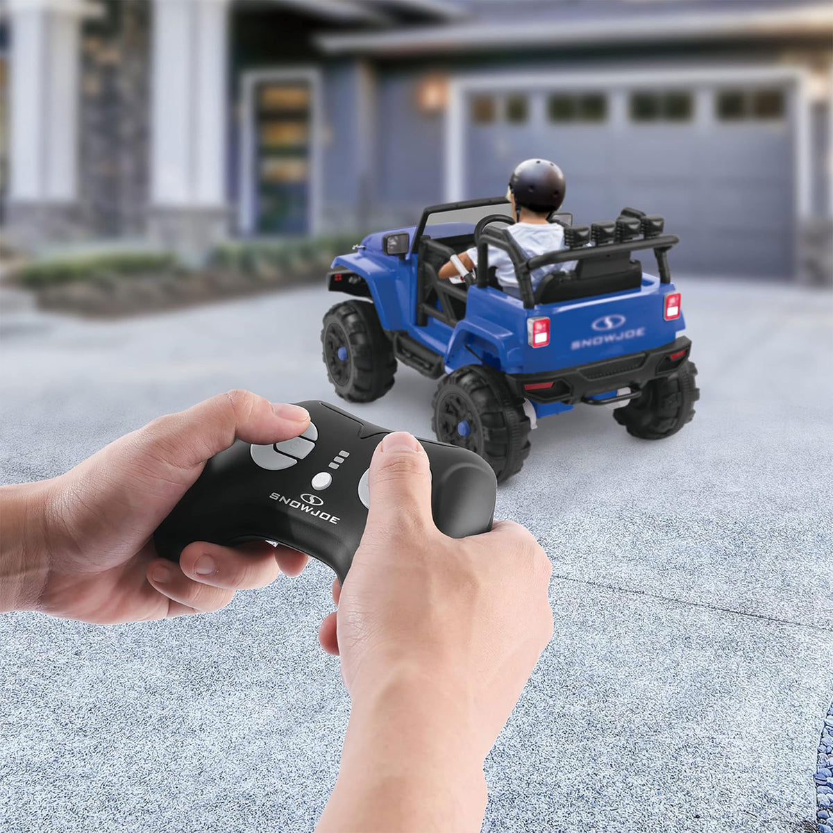 Snow Joe 24 Volt Ride On Car w/Snow Plow Scoop & Parental Remote, Blue(Open Box)