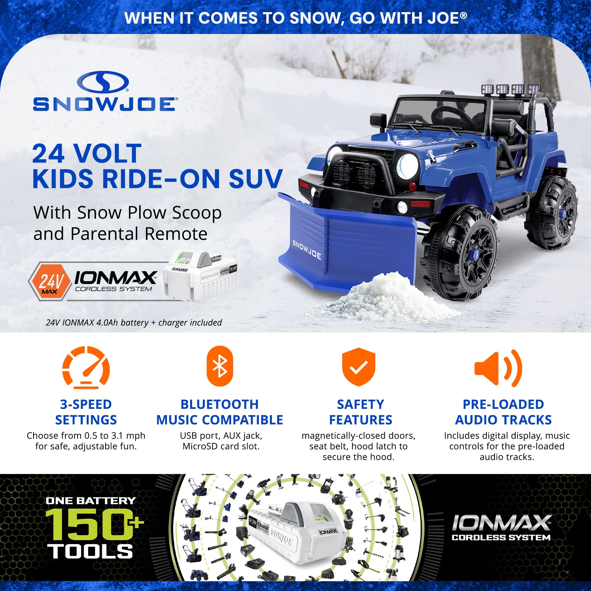 Snow Joe 24 Volt Ride On Car w/Snow Plow Scoop & Parental Remote, Blue(Open Box)