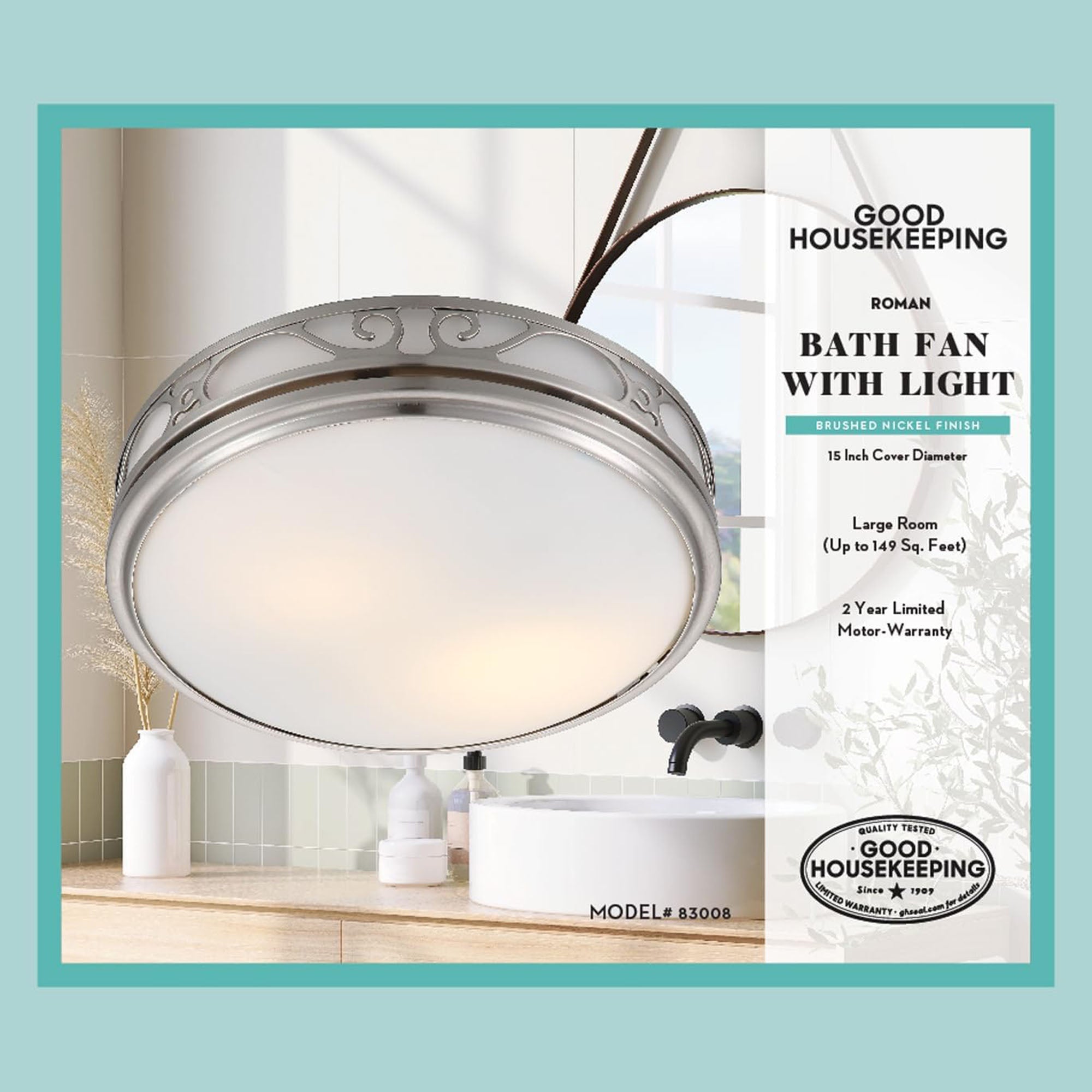 Good Housekeeping Roman Bathroom Ventilation Fan with Light, Brushed Nickel - VMInnovations
